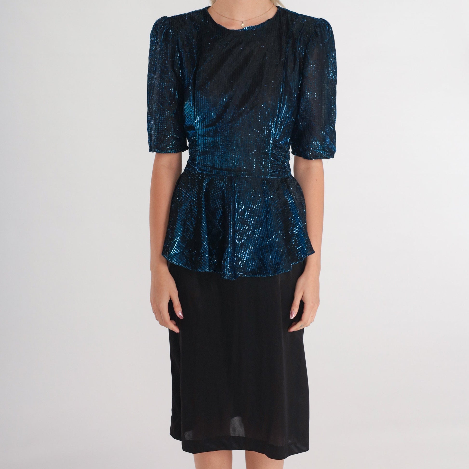 80s Diamonds Run Metallic Peplum Midi Dress Blue Black Puff Sleeve Small