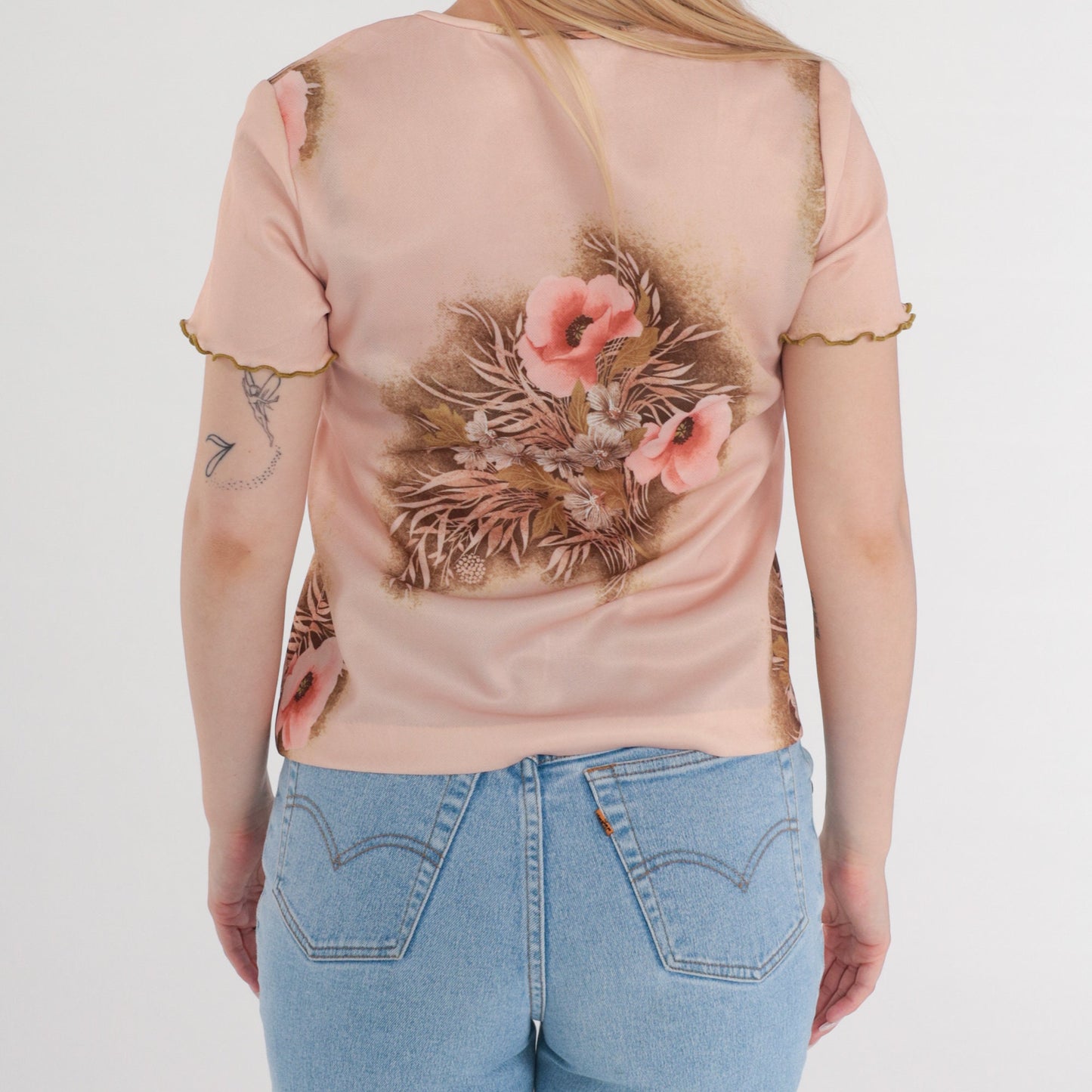 70s Pink Floral Graphic Tee Scoop Neck Lettuce Edge Short Sleeve Small