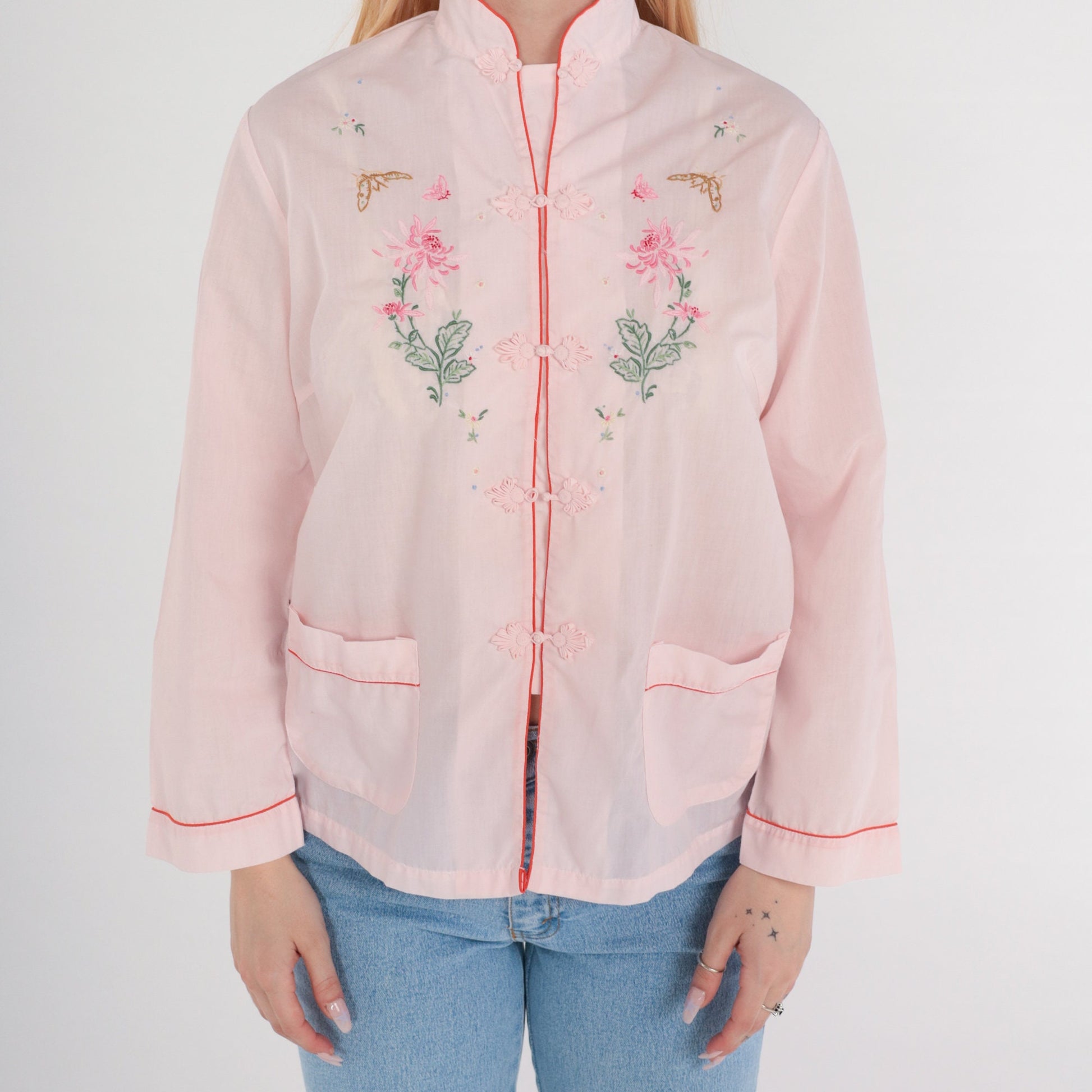 80s Baby Pink Mandarin Collar Blouse Butterfly Floral Embroidered Frog Button Small