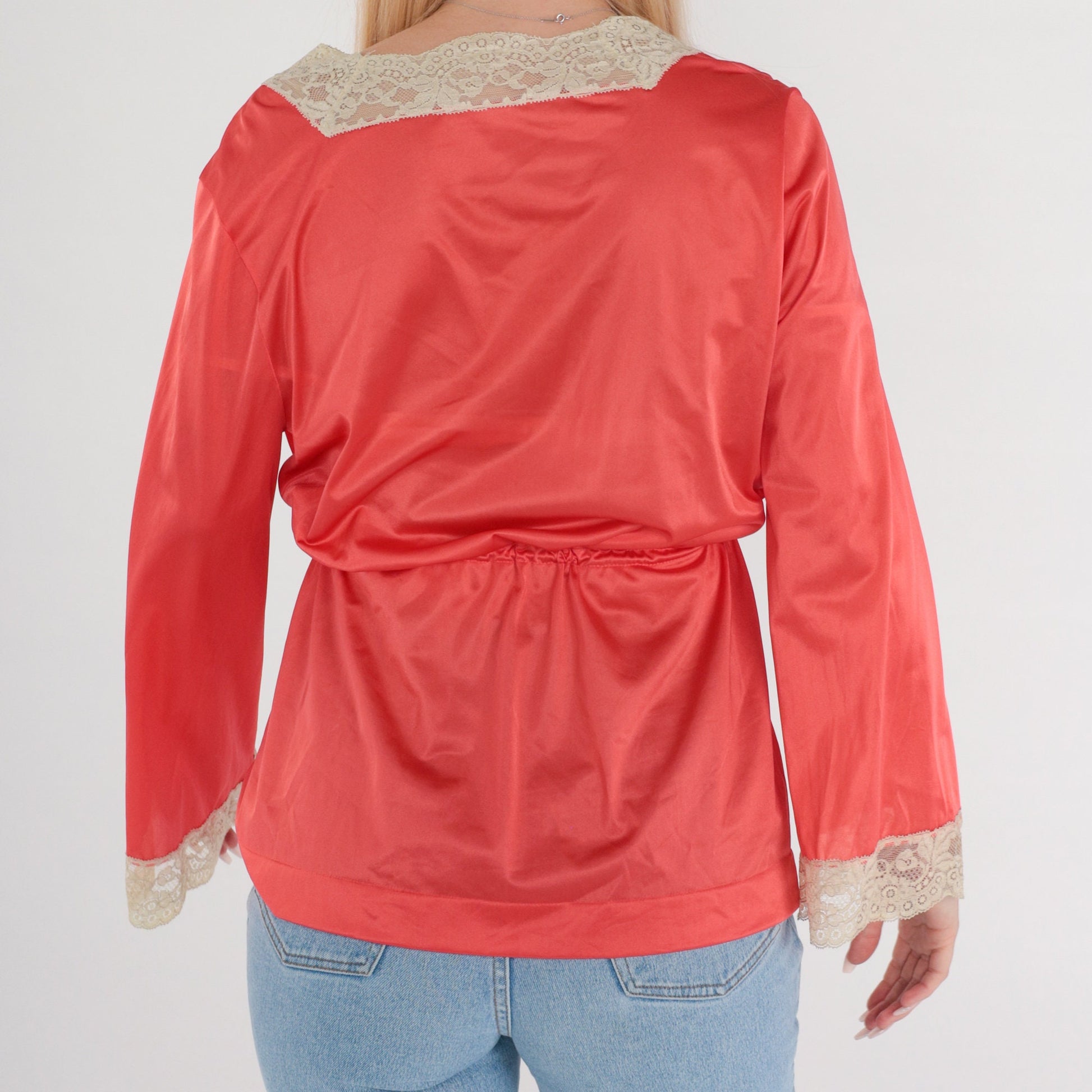 70s Coral Nylon Lace Pajama Top Button-Up Bed Jacket Long Sleeve Medium