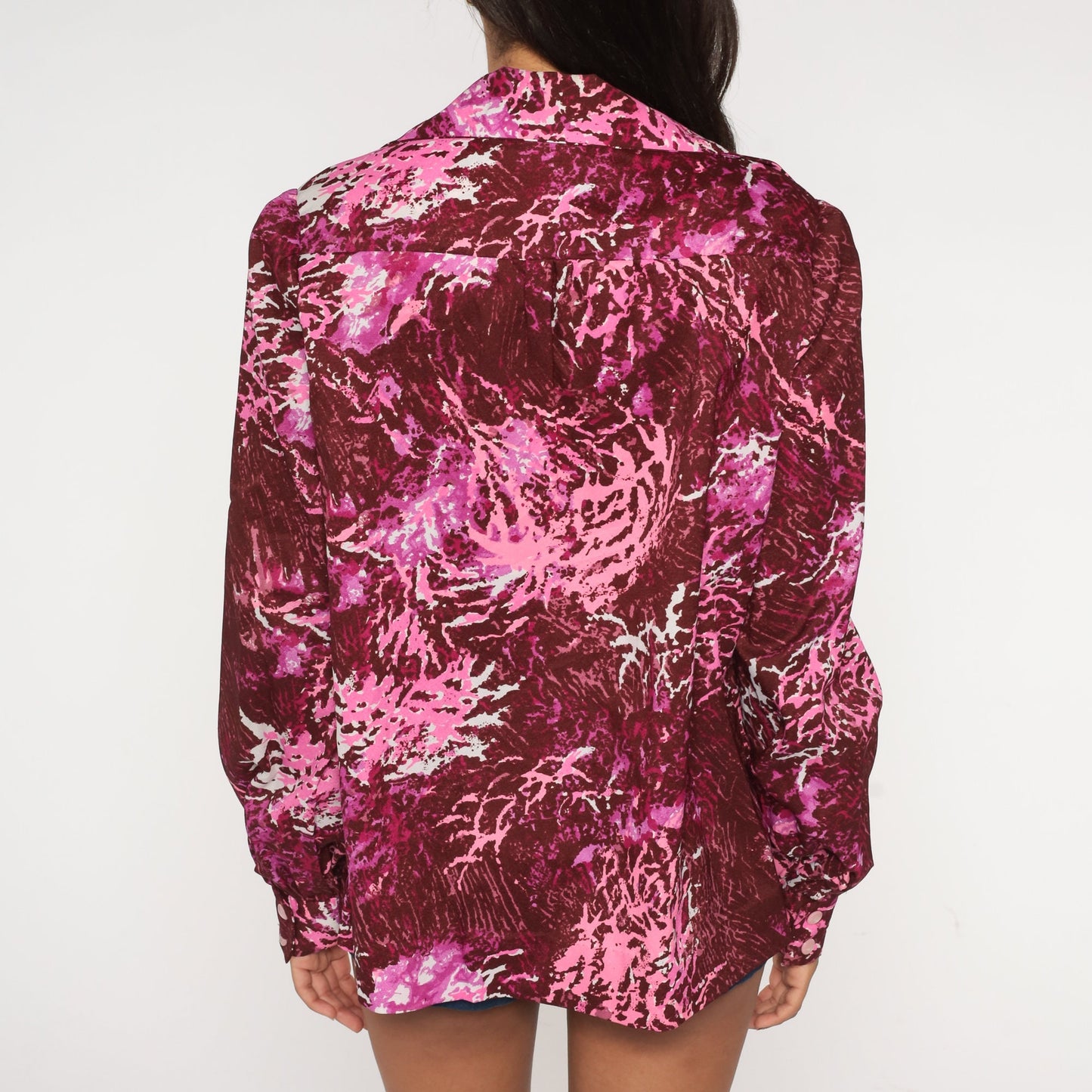 70s Burgundy Abstract Button-Up Blouse Dagger Collar Disco Shirt Extra Large