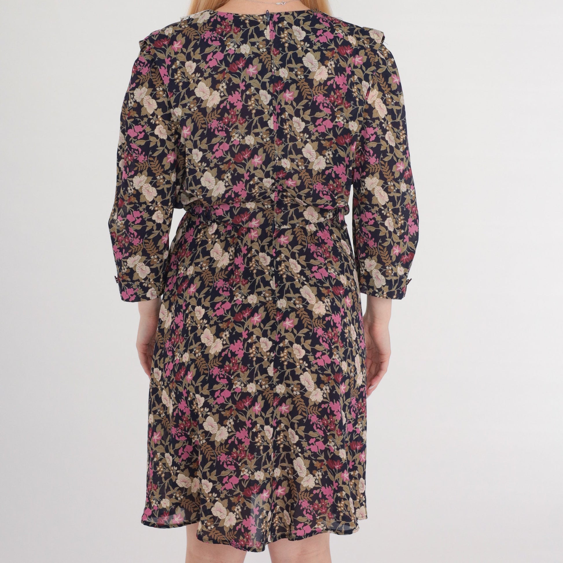 80s Floral Day Dress Navy Purple Print Lace Trim V-Neck Knee Length Medium