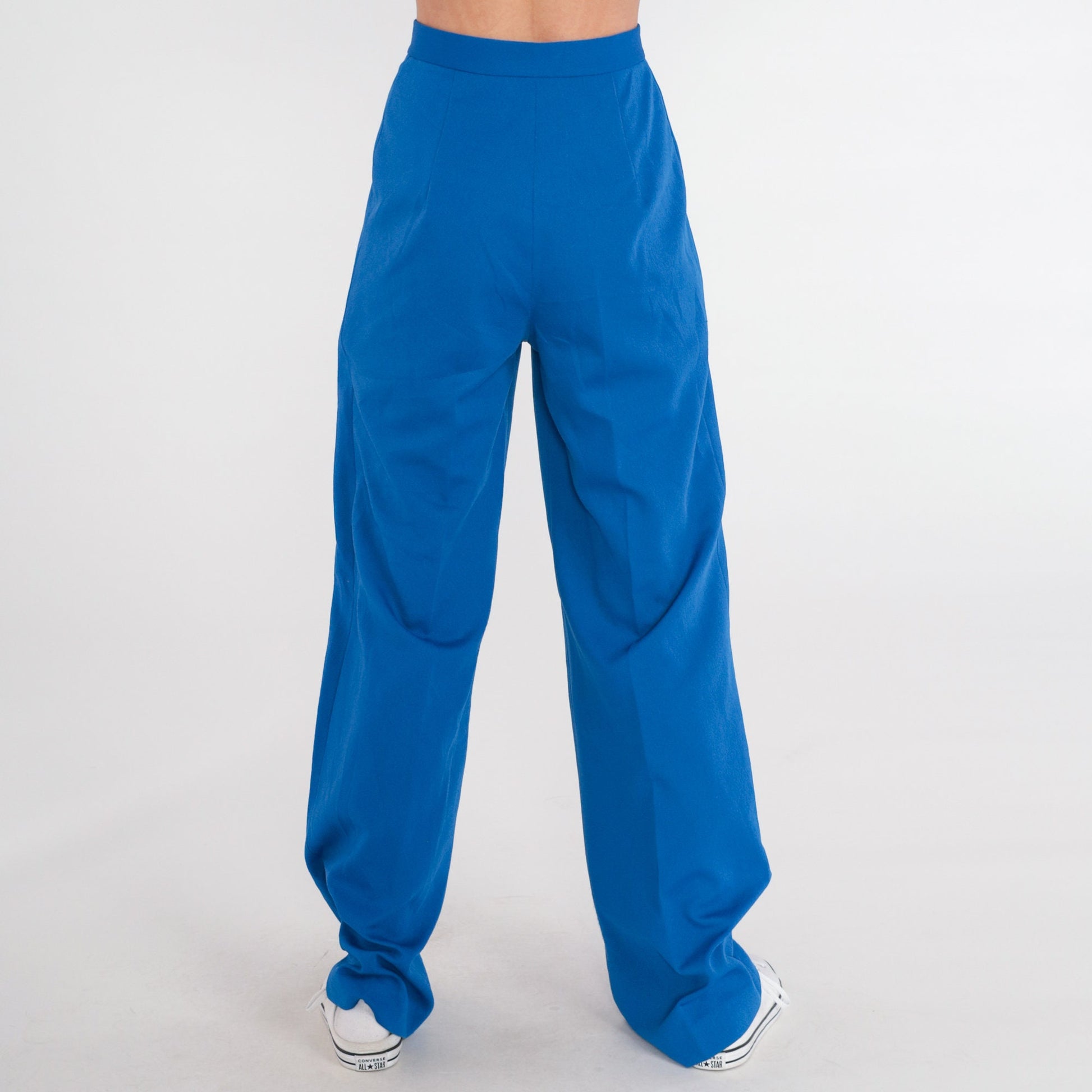 70s Royal Blue High-Waisted Flared Trousers Creased Leg Extra Small