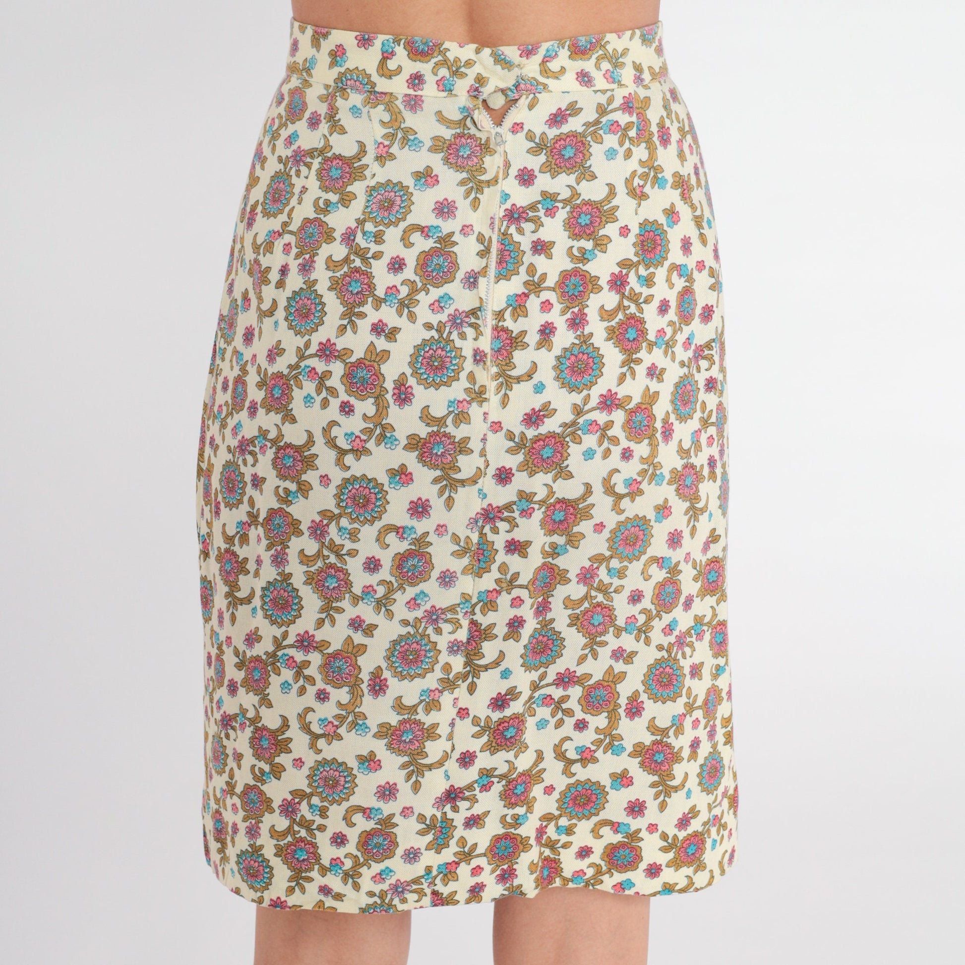 60s Floral Mini Skirt Cream Flower Print High Waisted Pencil Xs
