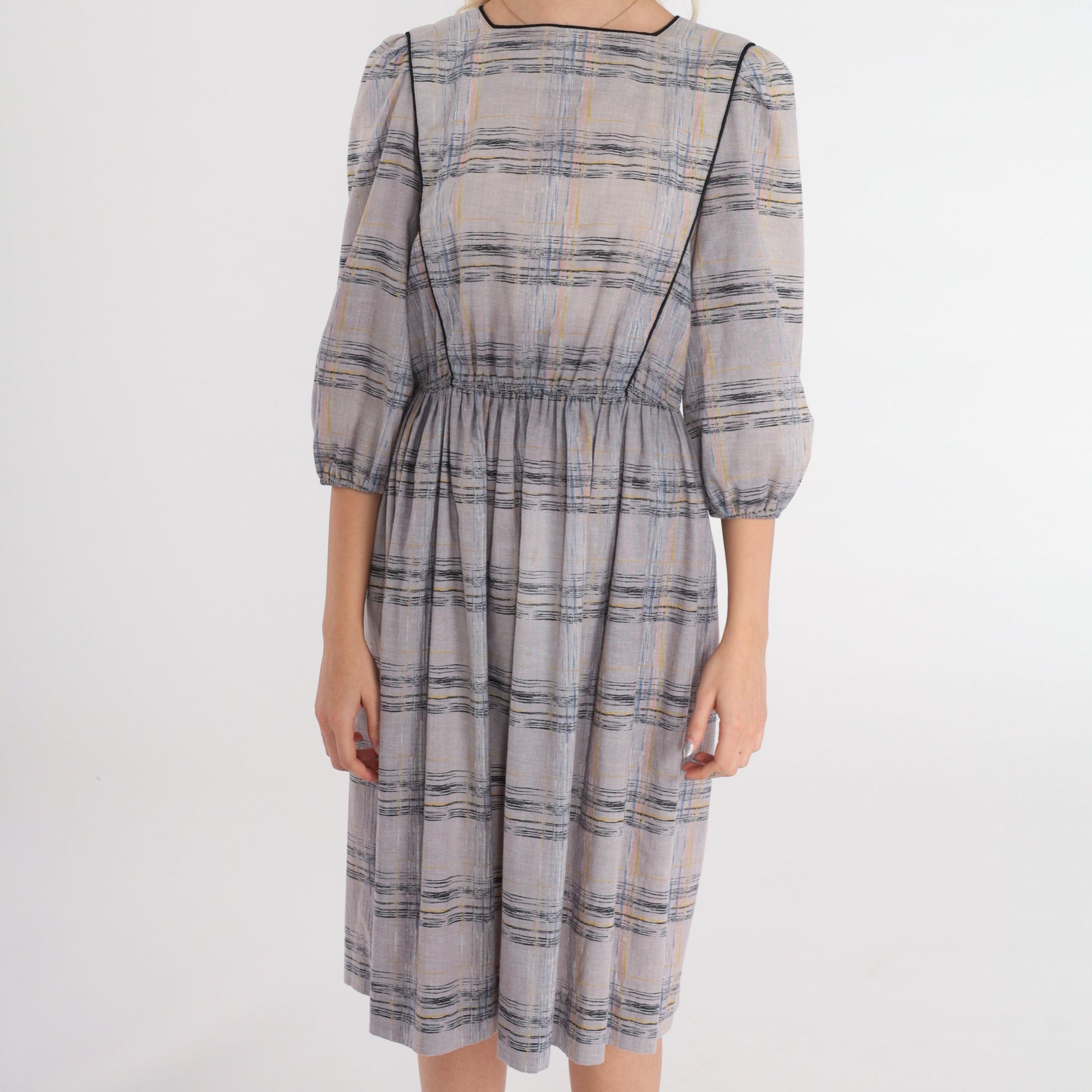 80s Leslie Faye Midi Dress Grey Checkered Puff Sleeve High Waisted Small