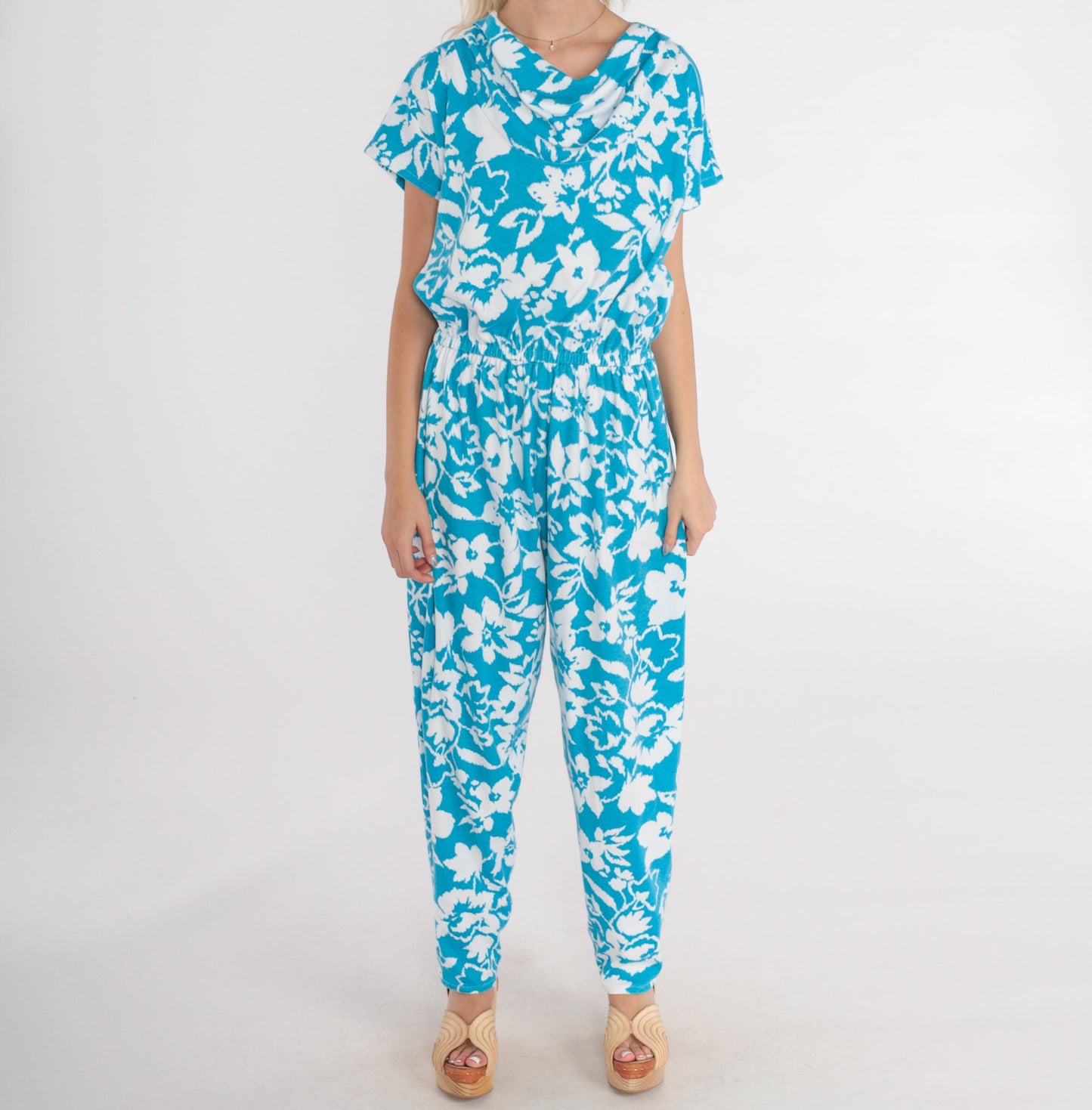 80s Blue Floral Jumpsuit White Print Cowl Neck Tapered Leg Medium Large