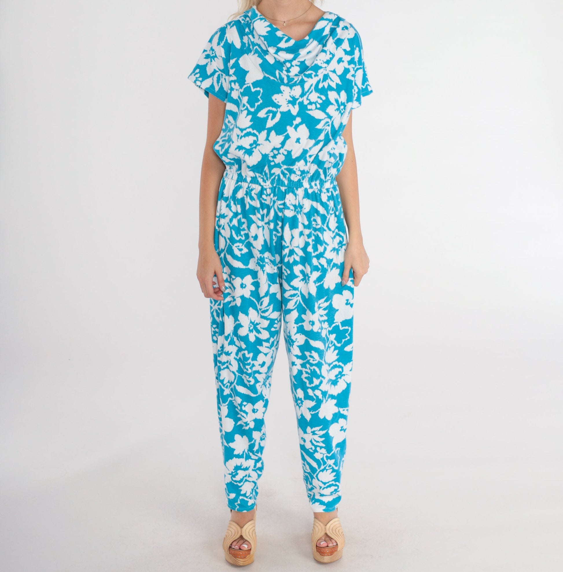 80s Blue Floral Jumpsuit White Print Cowl Neck Tapered Leg Medium Large