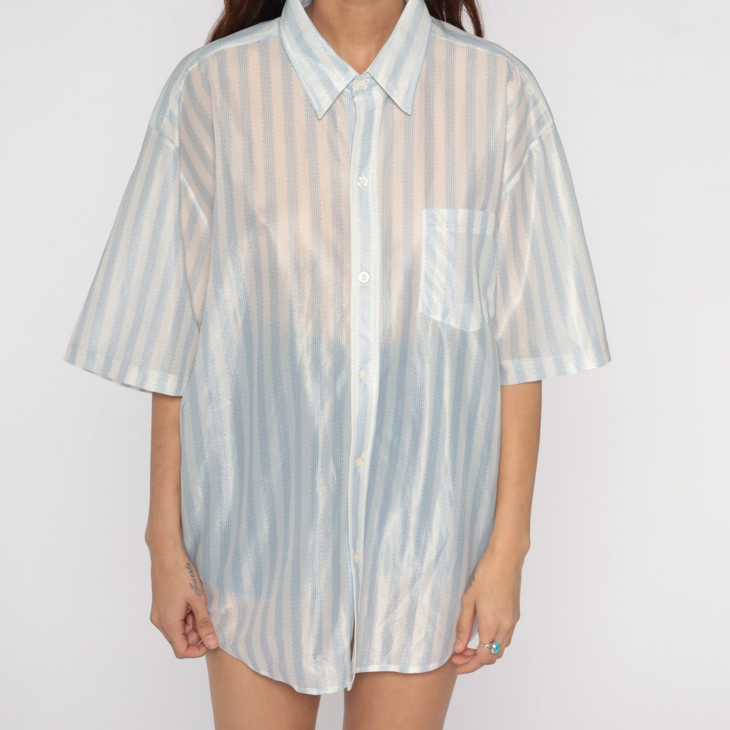70s Dragonfly Sheer Button Up Shirt White Blue Striped Disco Men's Extra Large
