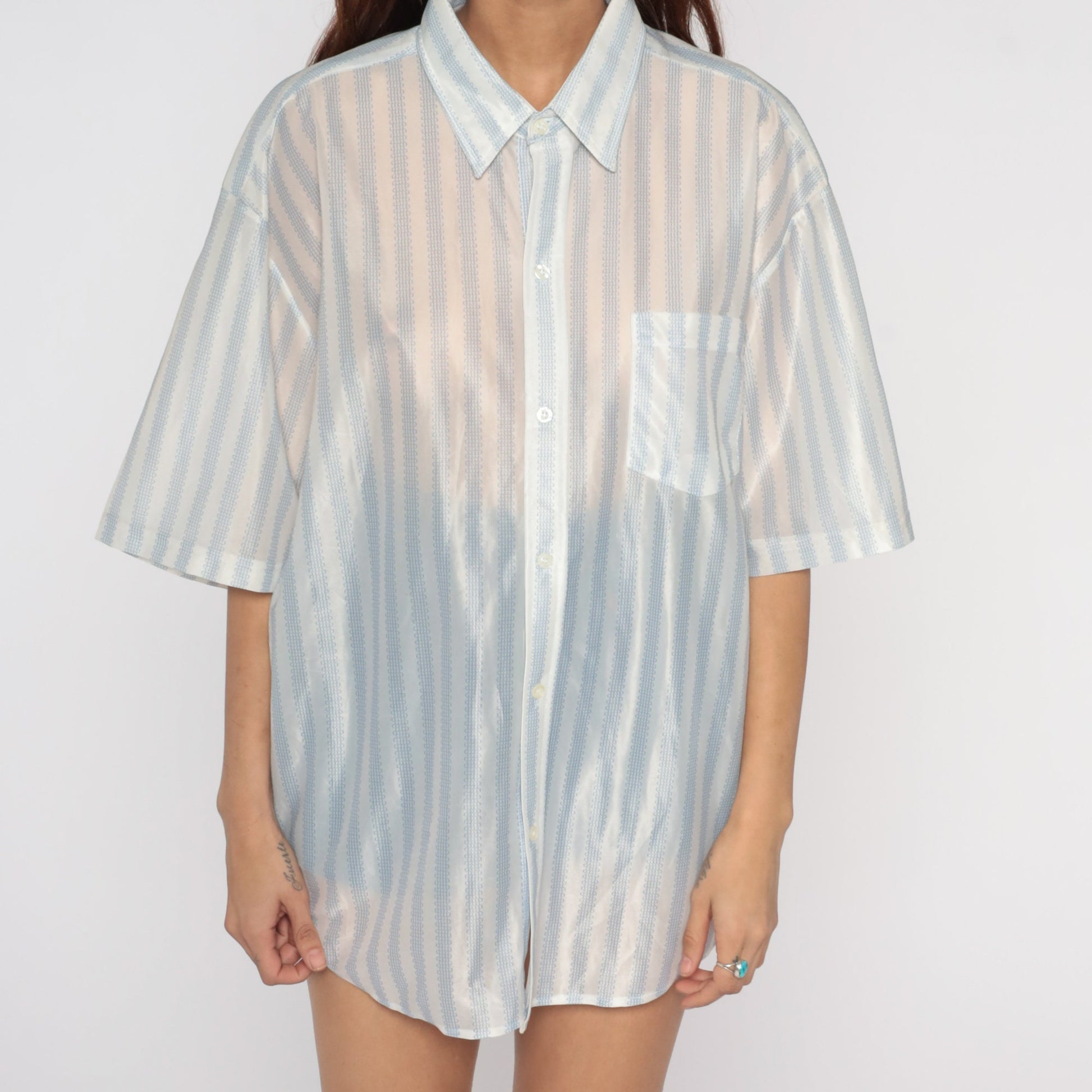 70s Dragonfly Sheer Button Up Shirt White Blue Striped Disco Men's Extra Large