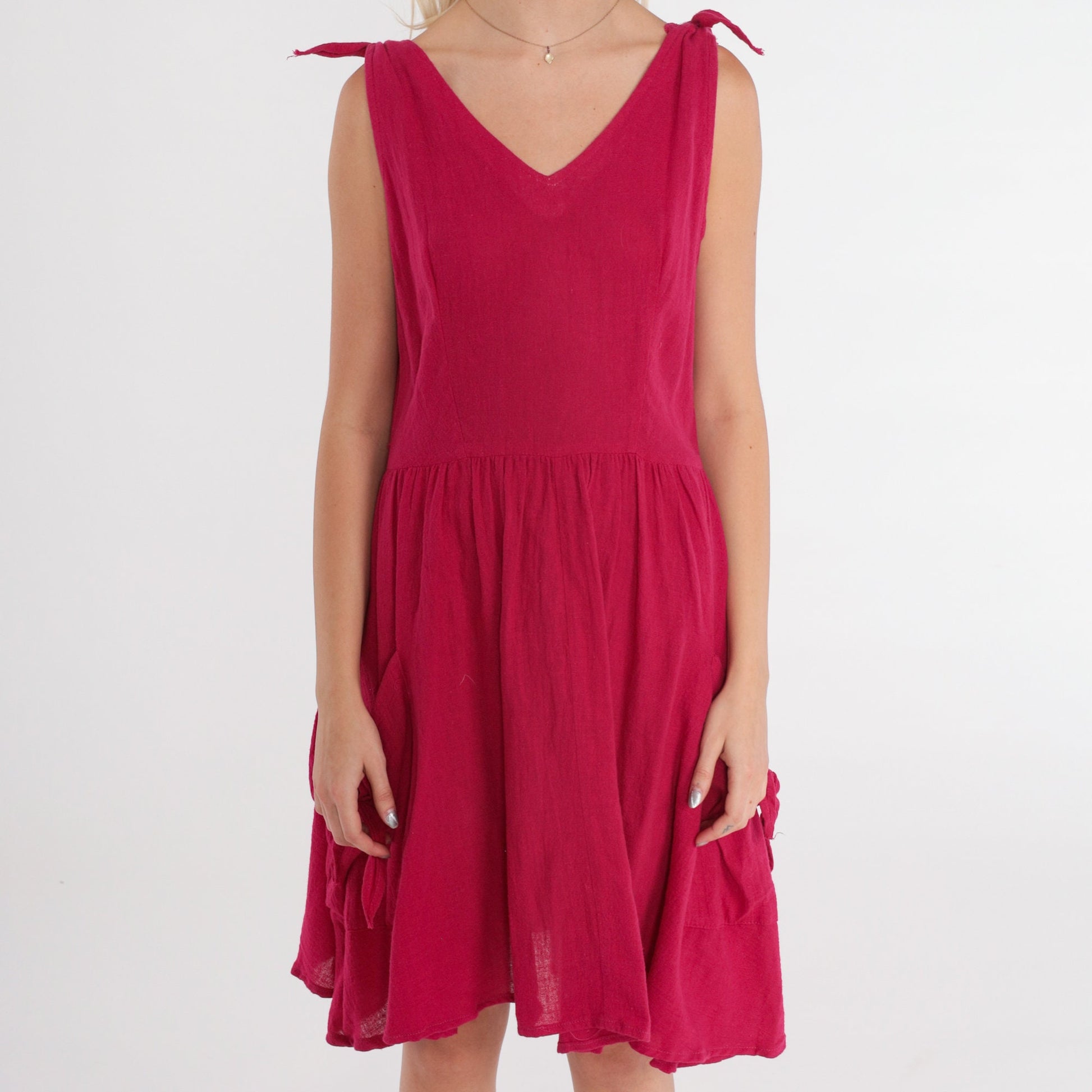 80s Berry Red Mini Sundress Sleeveless High Waist V Neck Pockets Small