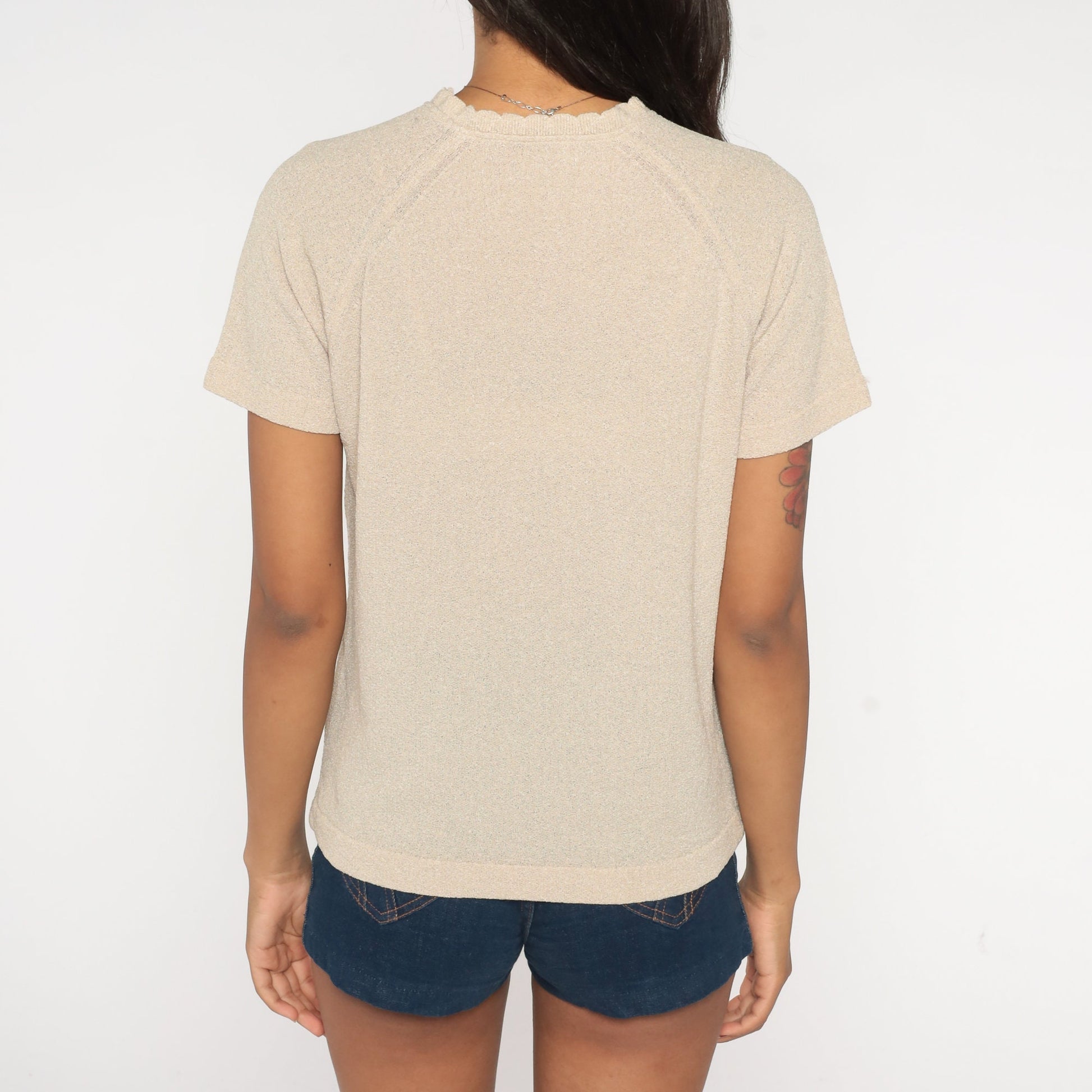 80s Beige V-Neck Raglan Sleeve T-Shirt Medium