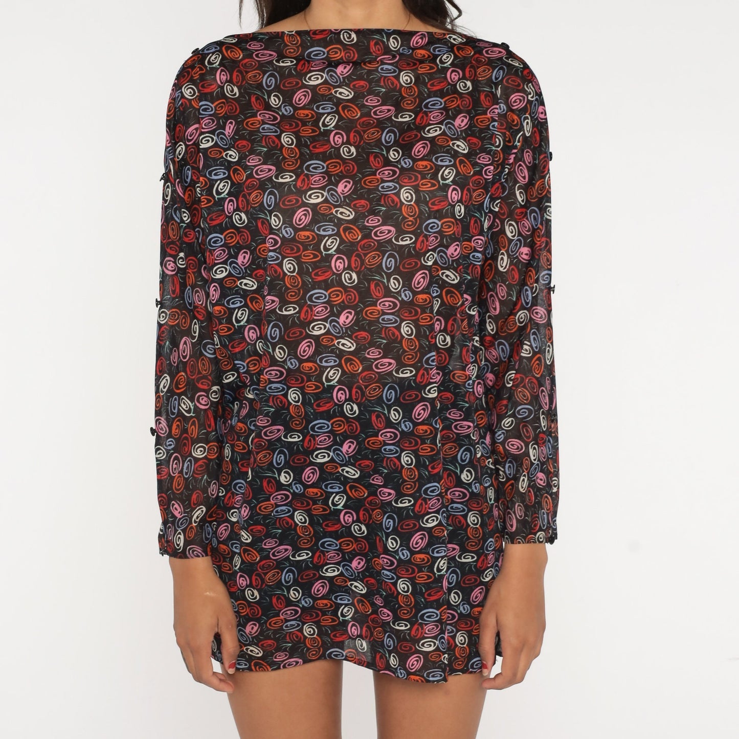 70s Black Swirl Print Blouse Boatneck Long Sleeve Cutout Medium Large