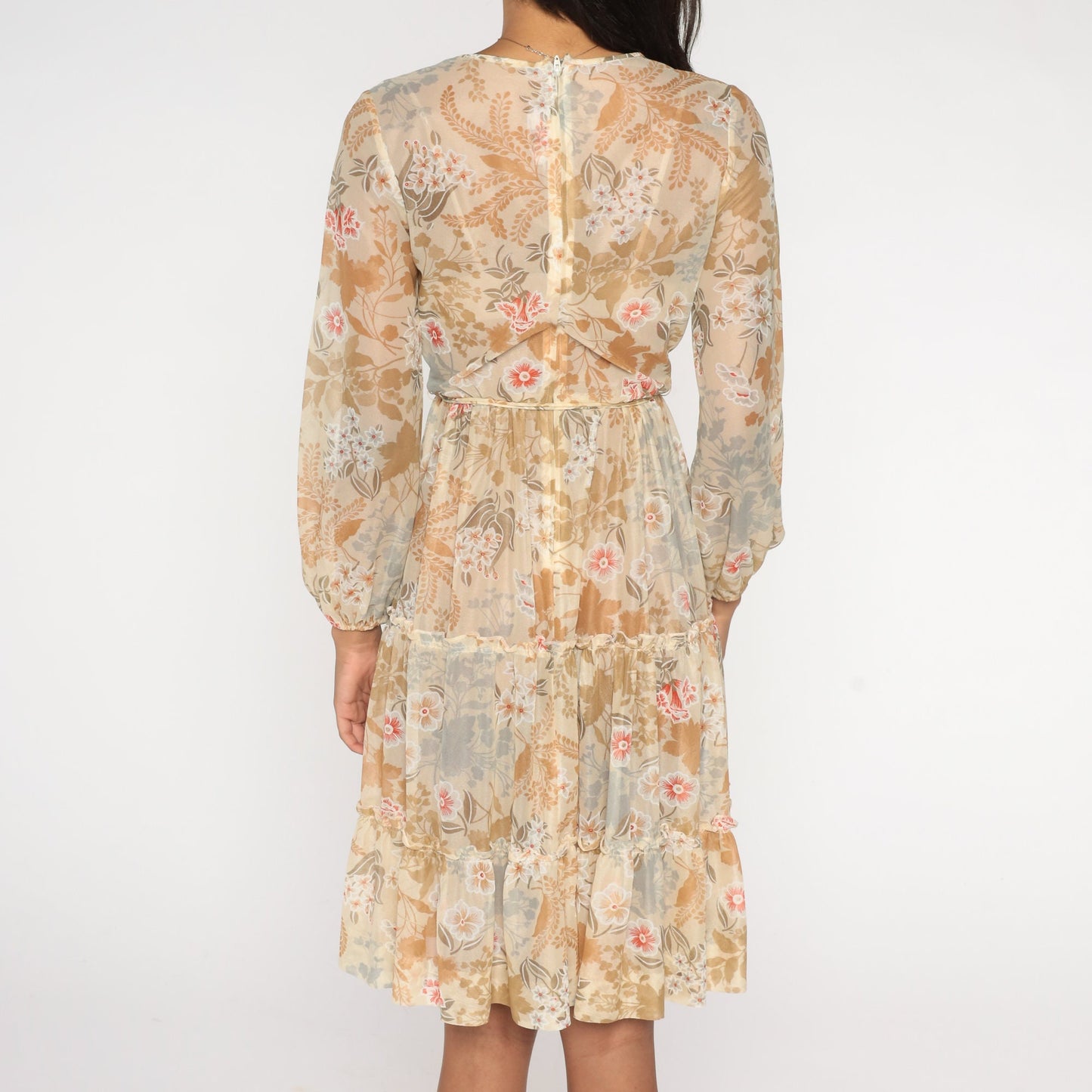 70s Sheer Floral Midi Dress Faux Wrap V Neck Tiered Long Sleeve Cream Small