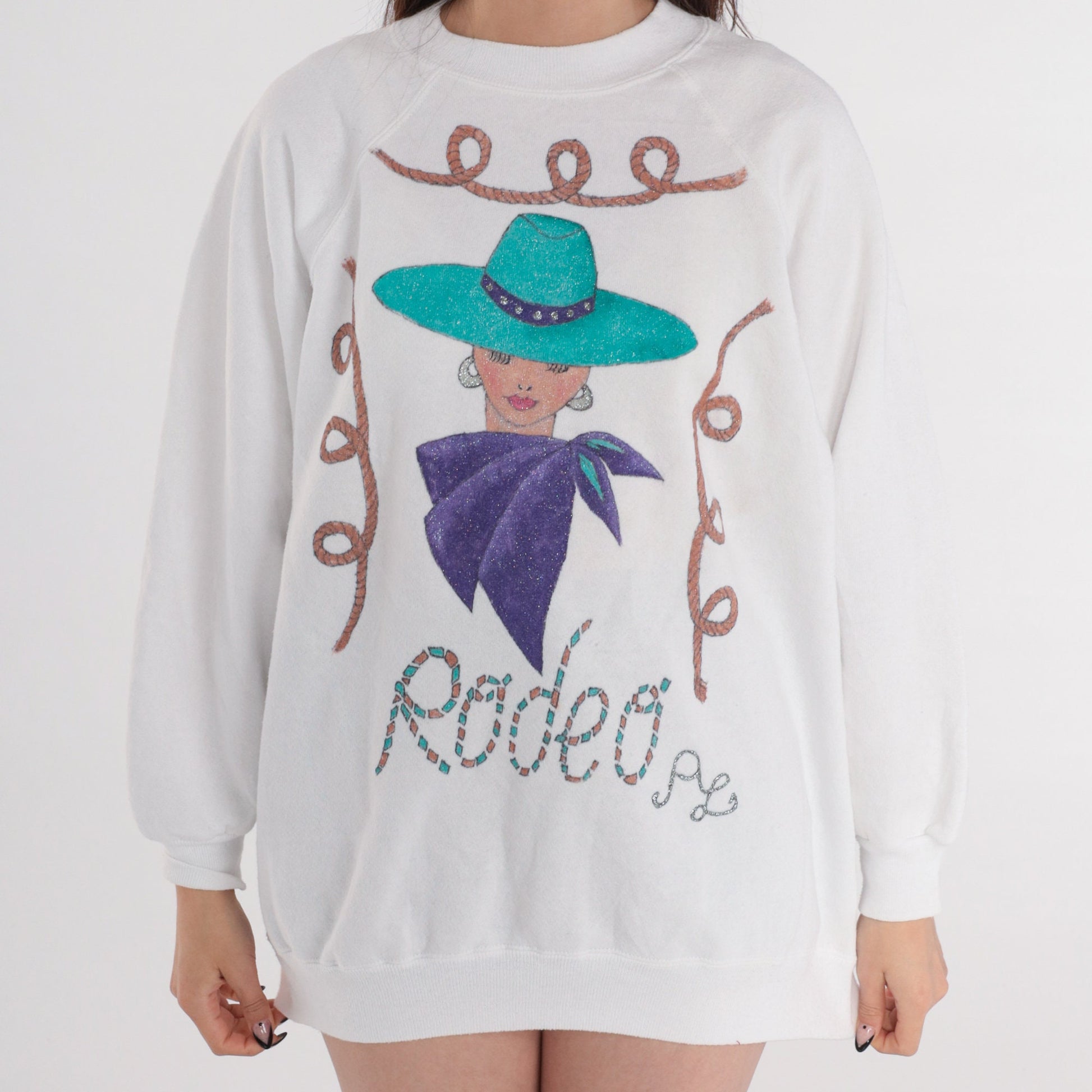 90s Rodeo Cowgirl Glitter Sweatshirt White Raglan Crewneck Pullover Extra Extra Large XXL