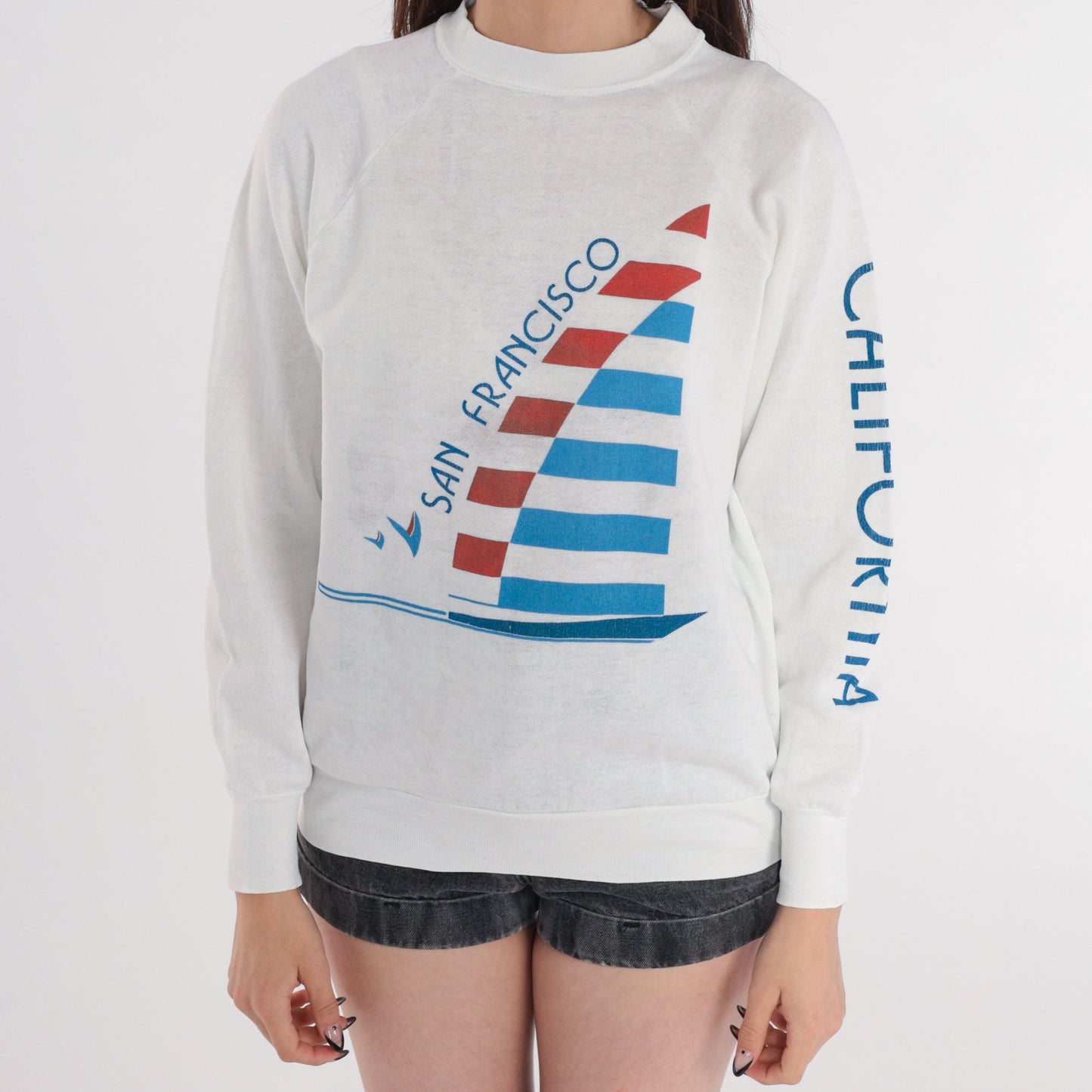 80s San Francisco California Sailboat Graphic Sweatshirt White Raglan Small