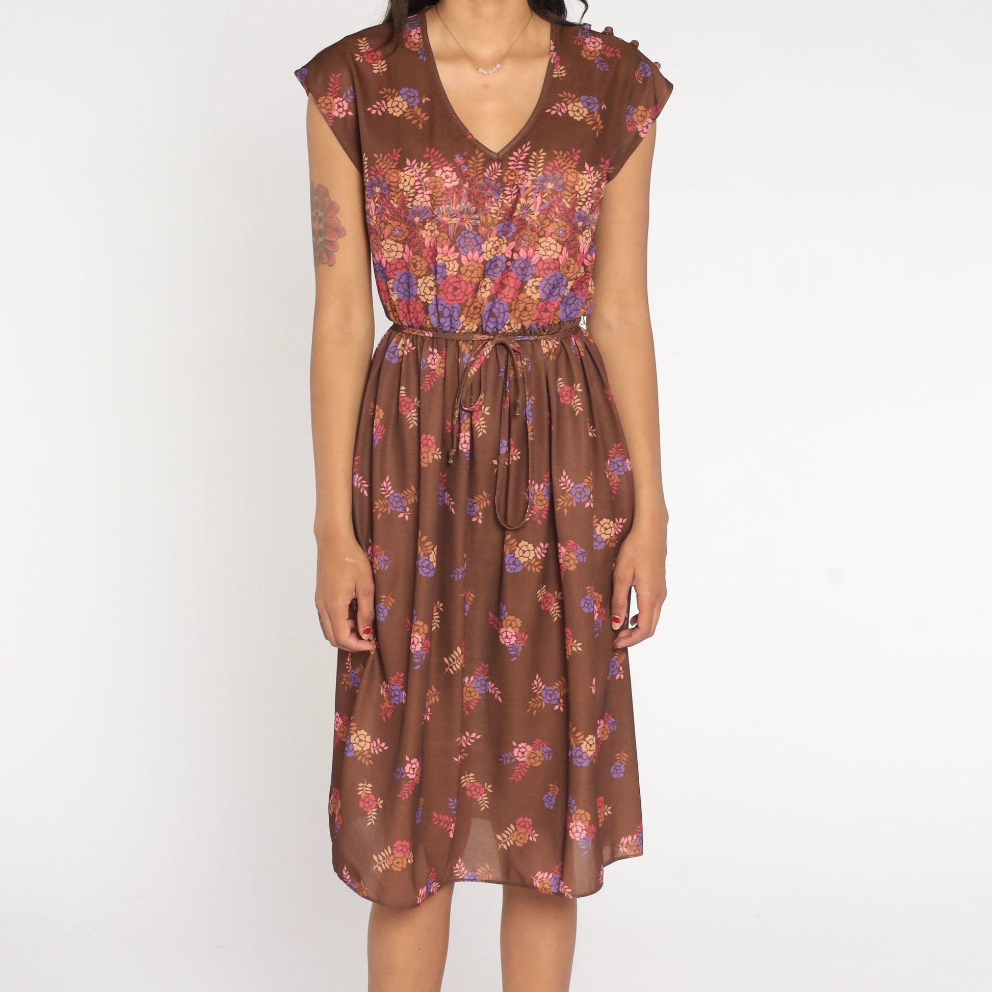 70s Floral Midi Dress Brown Semi-Sheer Deep V Neck Cap Sleeve High Waist Medium
