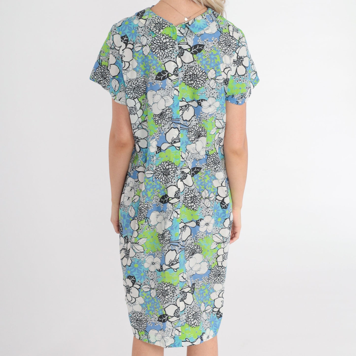 60s Floral Print Shift Dress Mini Blue Green Mod Round Collar Medium