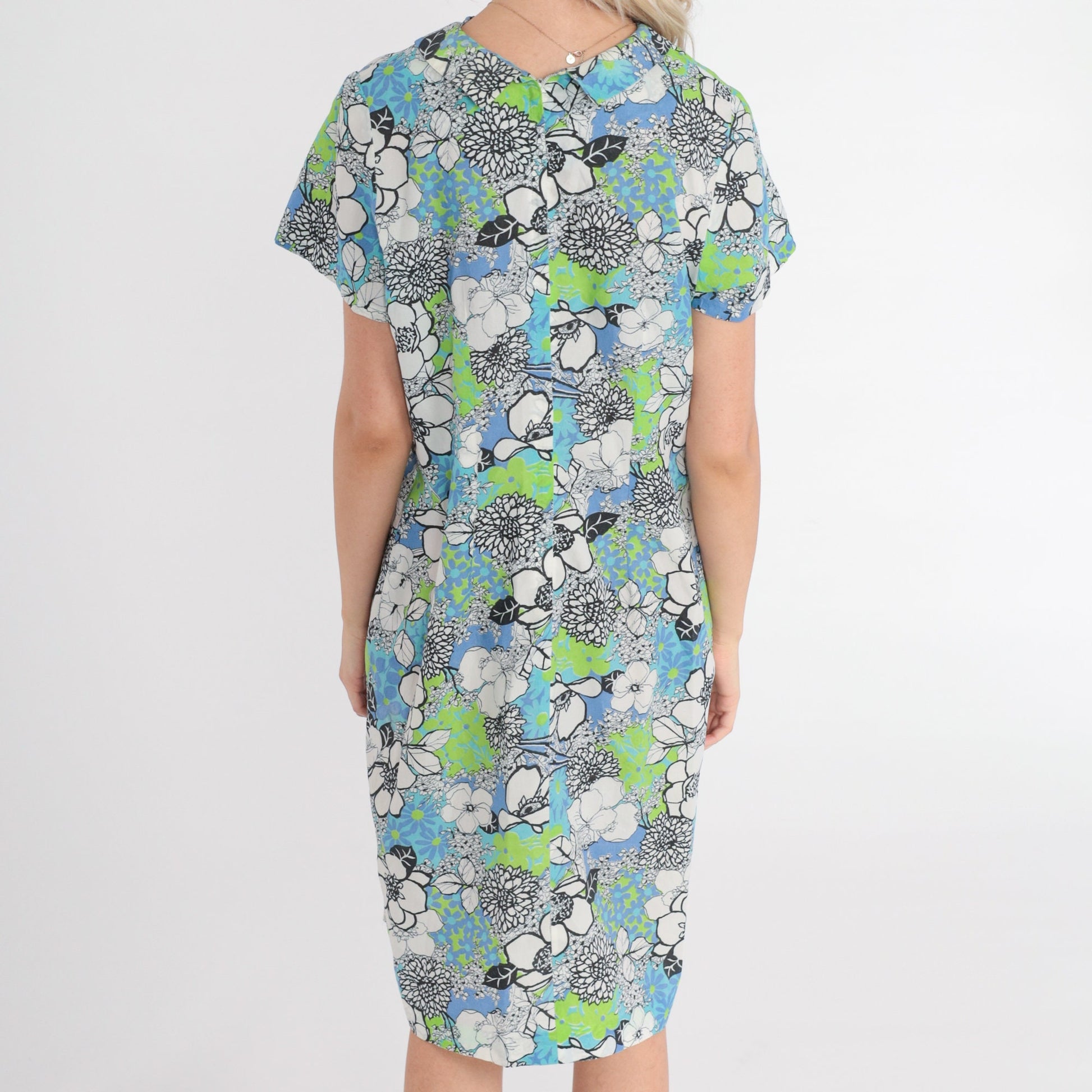 60s Floral Print Shift Dress Mini Blue Green Mod Round Collar Medium