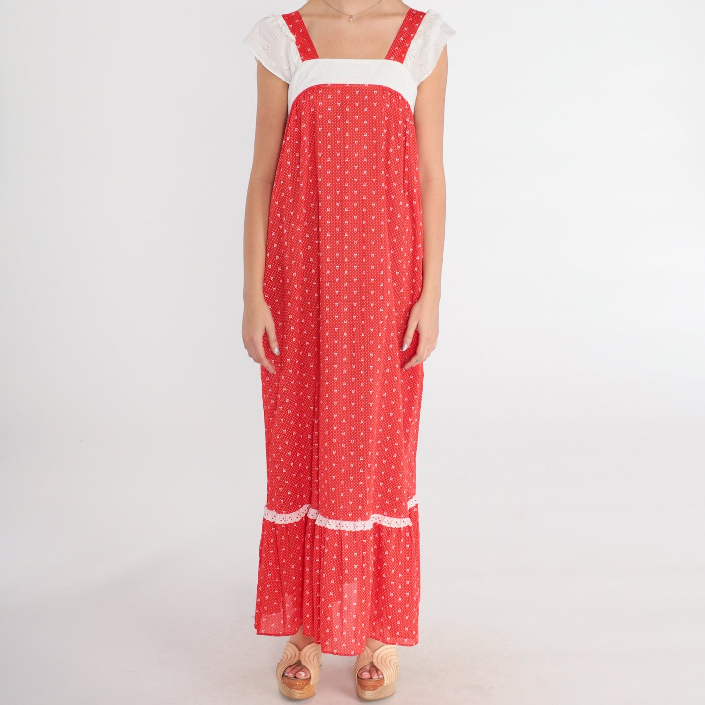 70s Red Maxi Dress Polka Dot Bow Print Eyelet Lace Cap Sleeve Extra Small