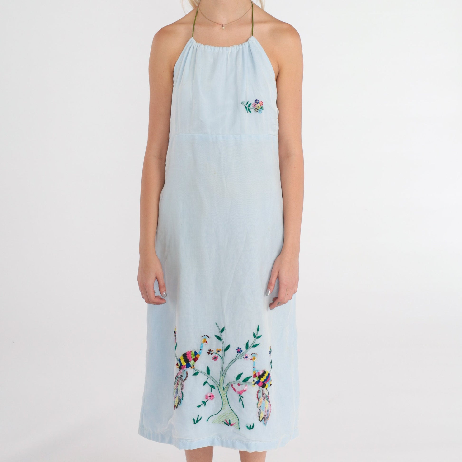 70s Blue Floral Peacock Embroidered Halter Midi Dress Open Back Empire Waist Small