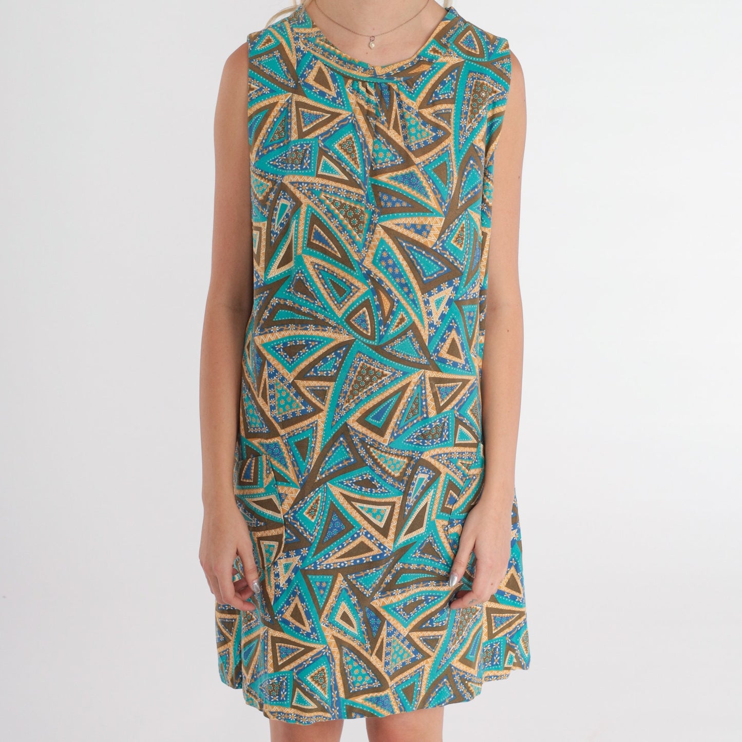 60s Mod Mini Shift Dress Abstract Floral Print Sleeveless Blue Medium M