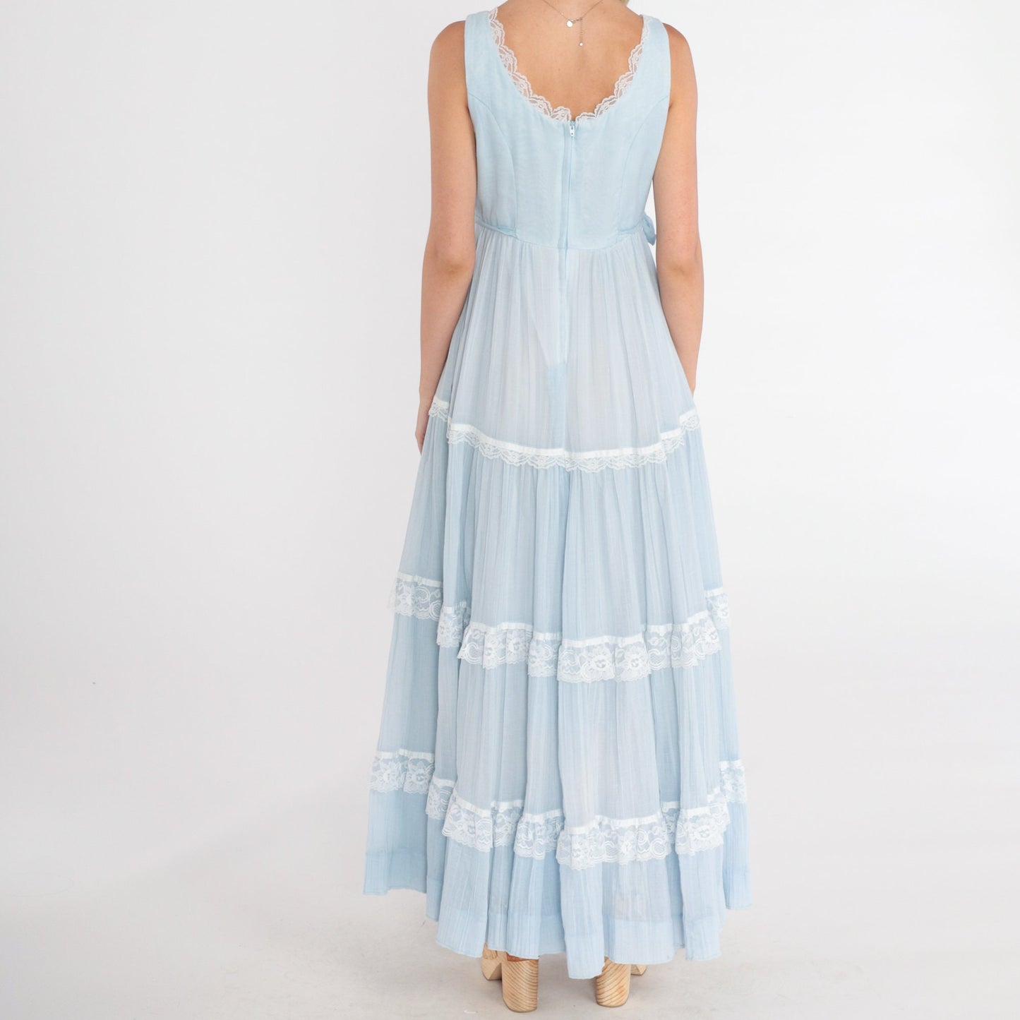 70s Gunne Sax Baby Blue Maxi Dress Lace-Up Bodice Tiered Small