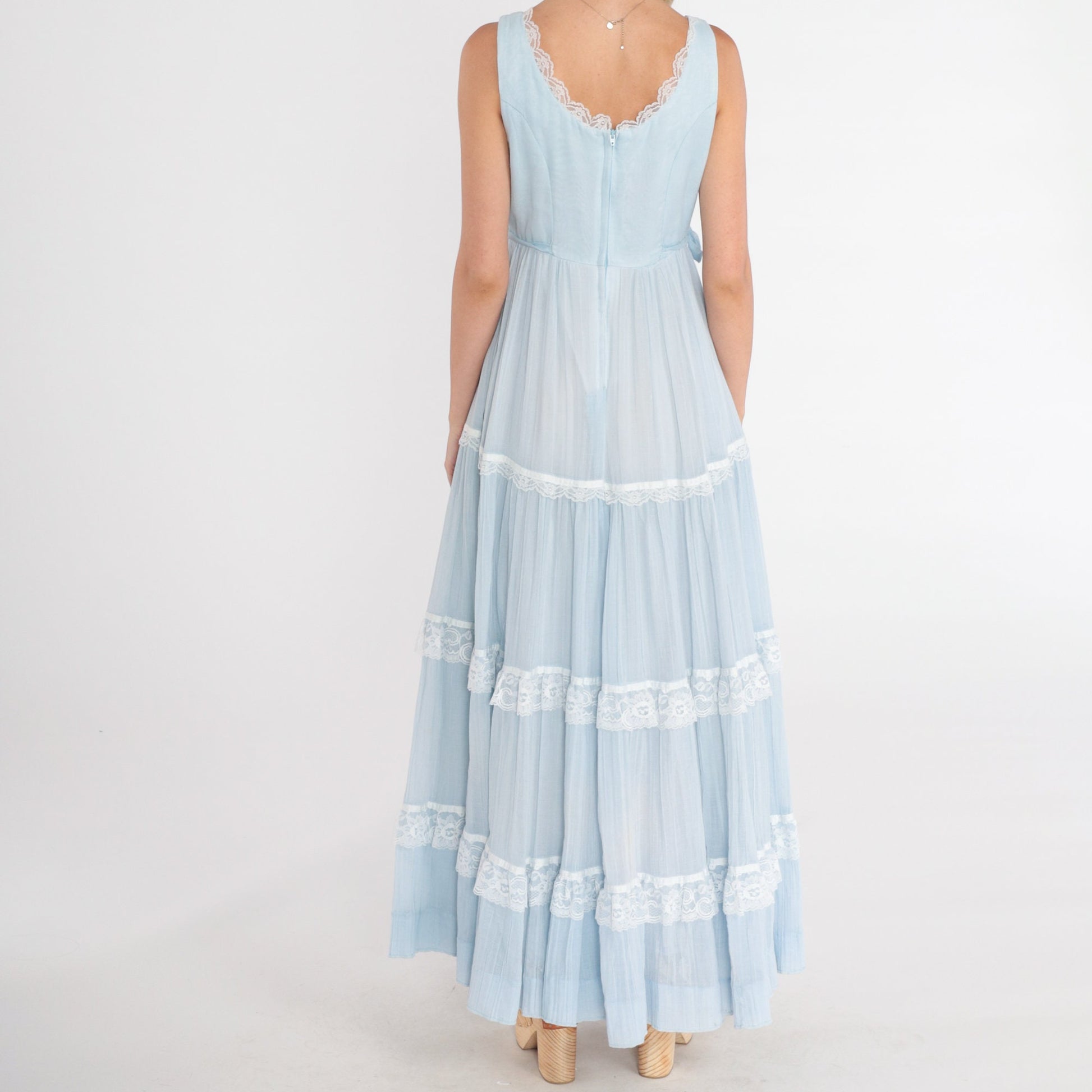 70s Gunne Sax Baby Blue Maxi Dress Lace-Up Bodice Tiered Small