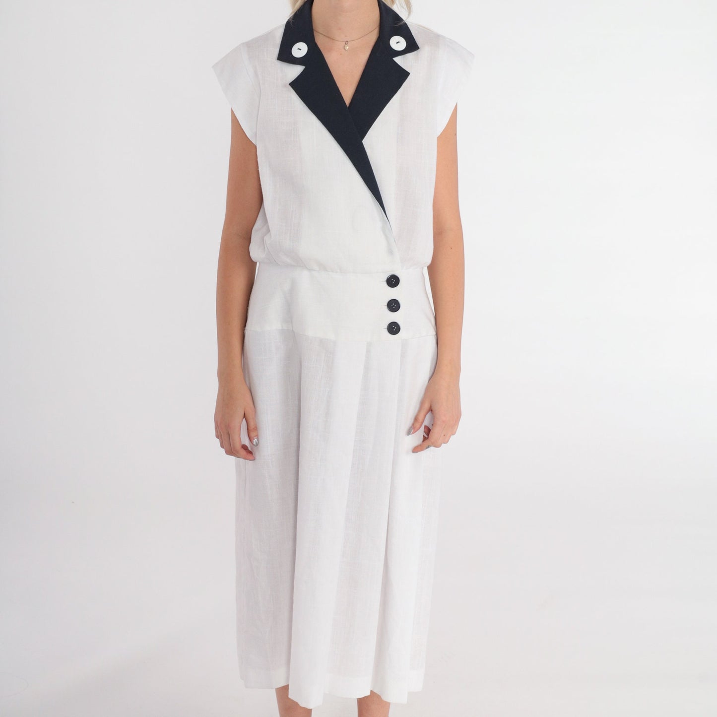 80s White Midi Wrap Dress Black Collar Cap Sleeve Button-Up Small