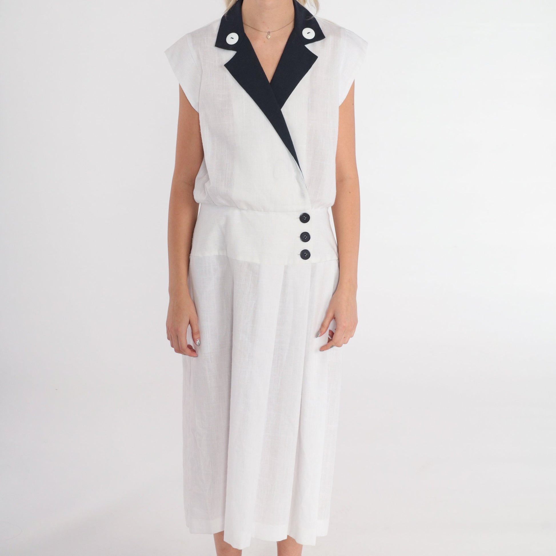 80s White Midi Wrap Dress Black Collar Cap Sleeve Button-Up Small