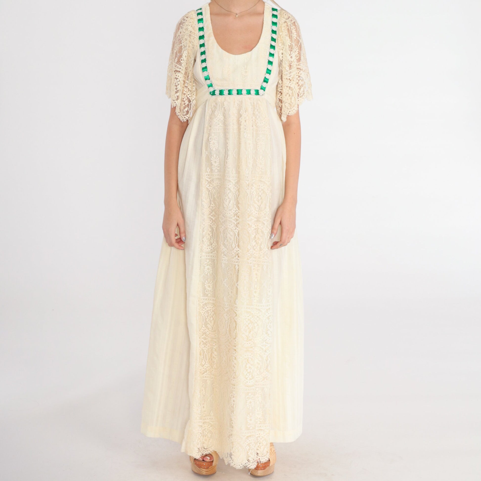 70s Cream Lace Maxi Dress Floral Green Ribbon Empire Waist Bell Sleeve Extra Small