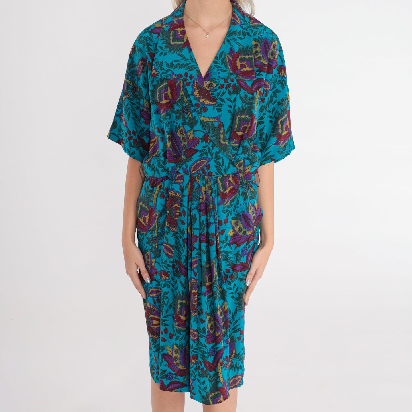 80s Blue Silk Floral Midi Dress High Waisted Collared V Neck Small