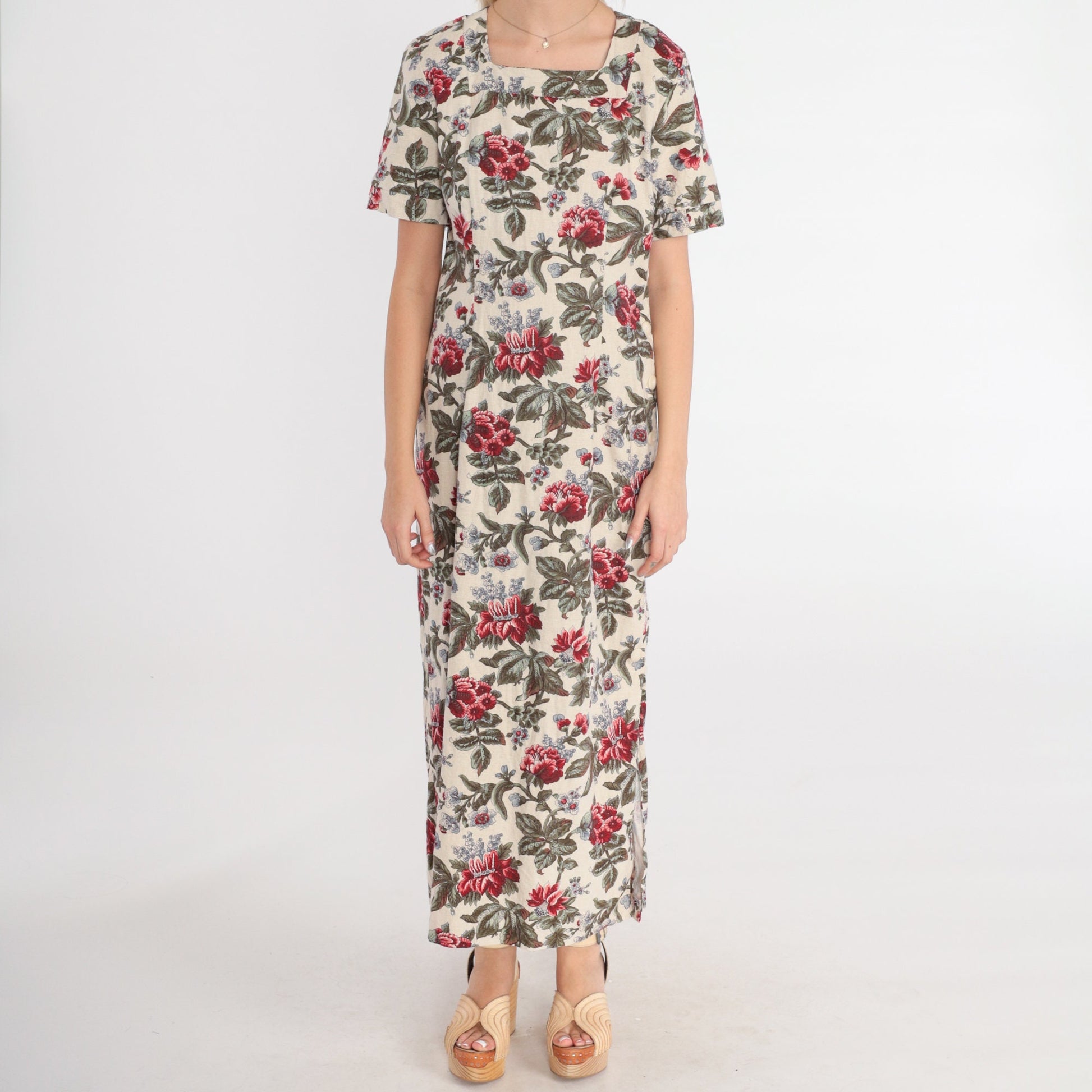90s Cream Floral Maxi Dress Short Sleeve Ankle Length Small S