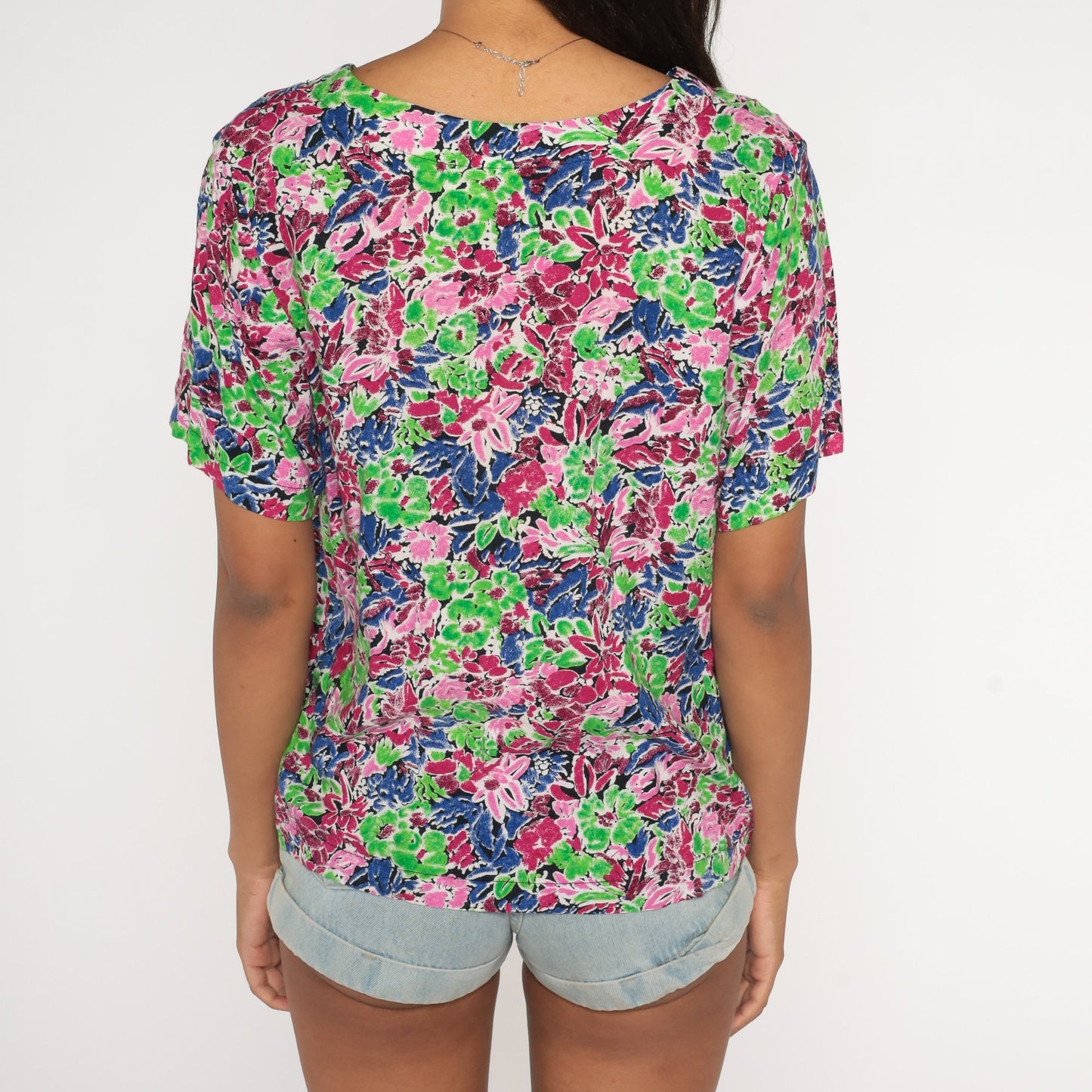 90s Floral Rayon Blouse Short Sleeve Pullover Top Neon Green Pink Purple Small S