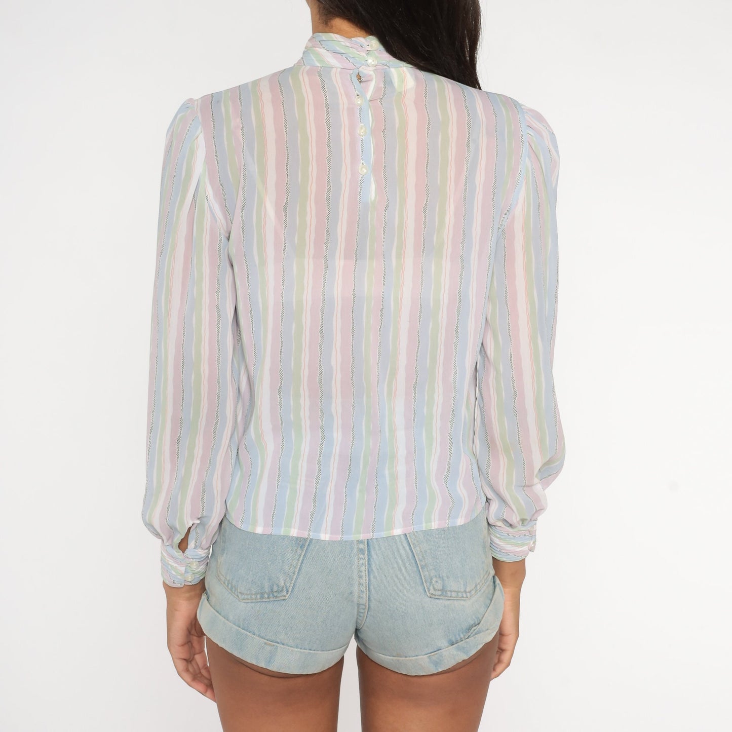 80s Pastel Striped Puff Sleeve Blouse Mock Neck Button Back Lavender Small