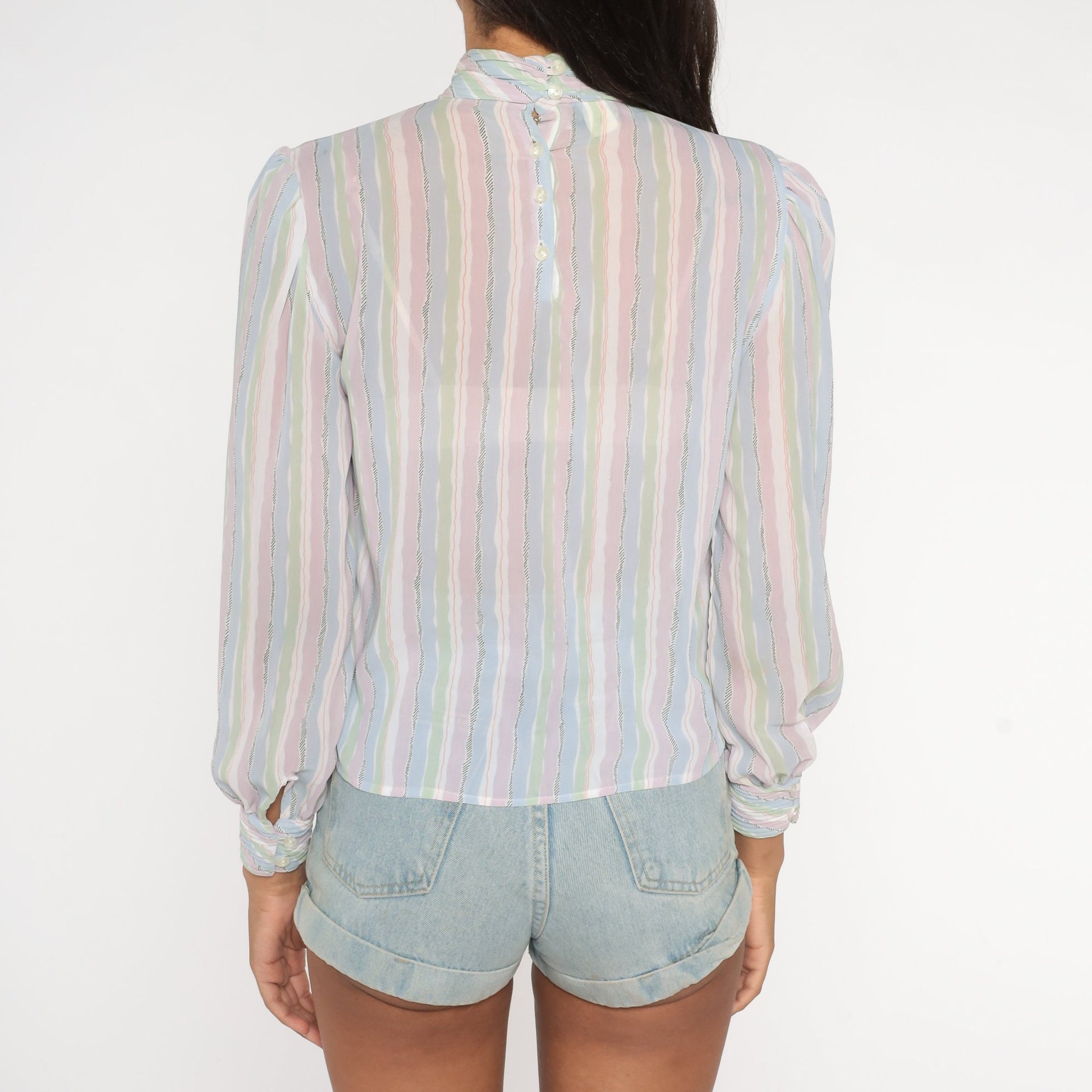 80s Pastel Striped Puff Sleeve Blouse Mock Neck Button Back Lavender Small