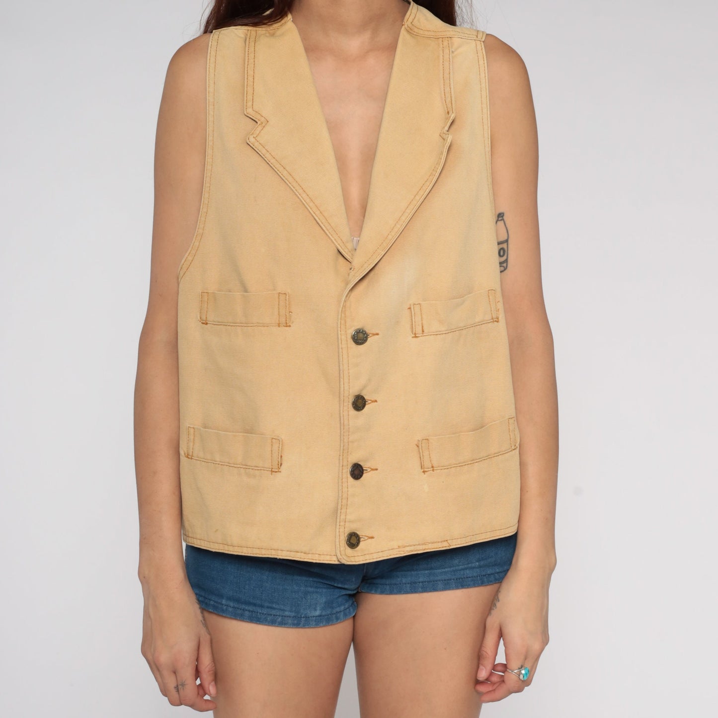 80s Tan Button-Up Vest Western Workwear Sleeveless Small