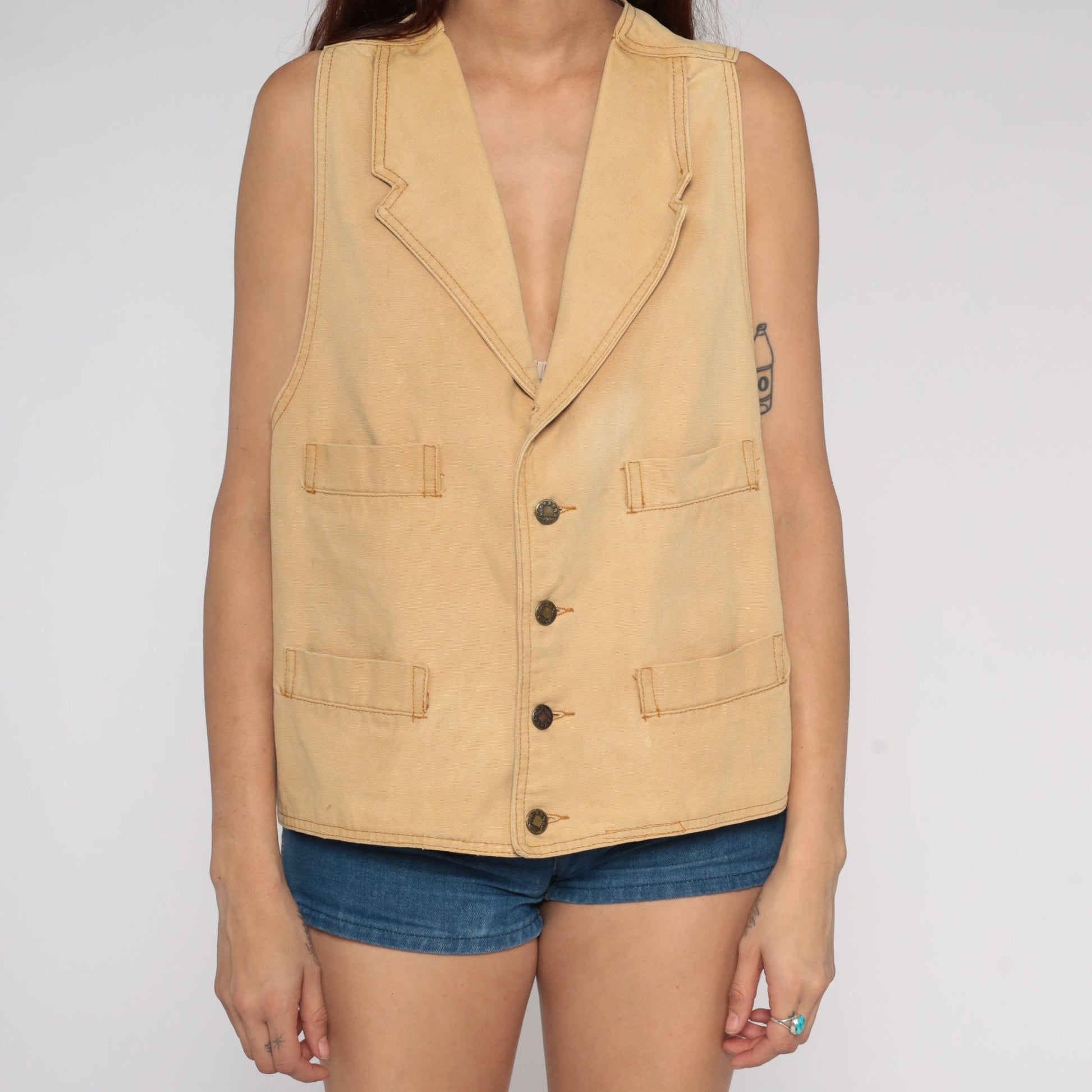 80s Tan Button-Up Vest Western Workwear Sleeveless Small