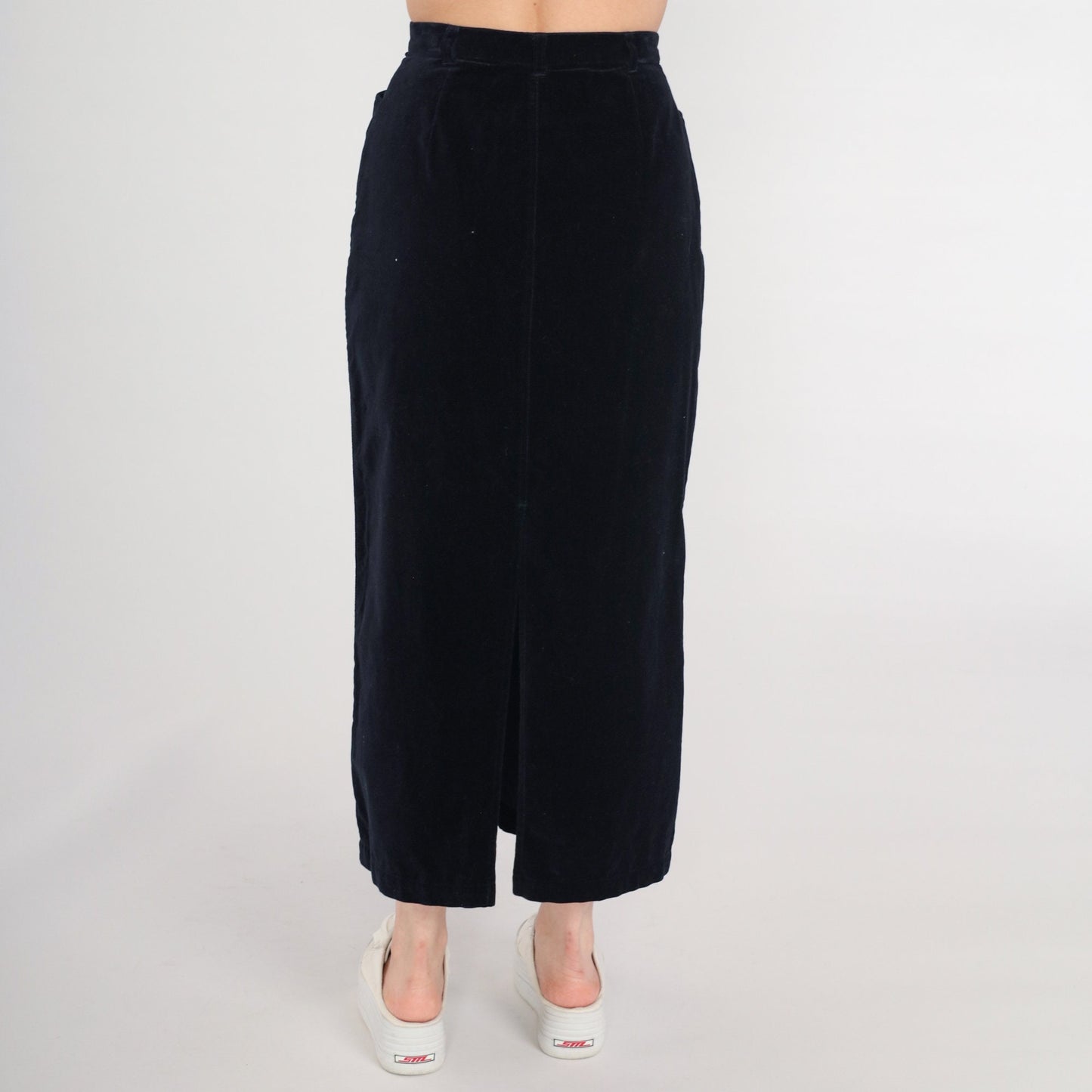 90s Black Velvet Maxi Pencil Skirt High Waist Rear Slit Small 4