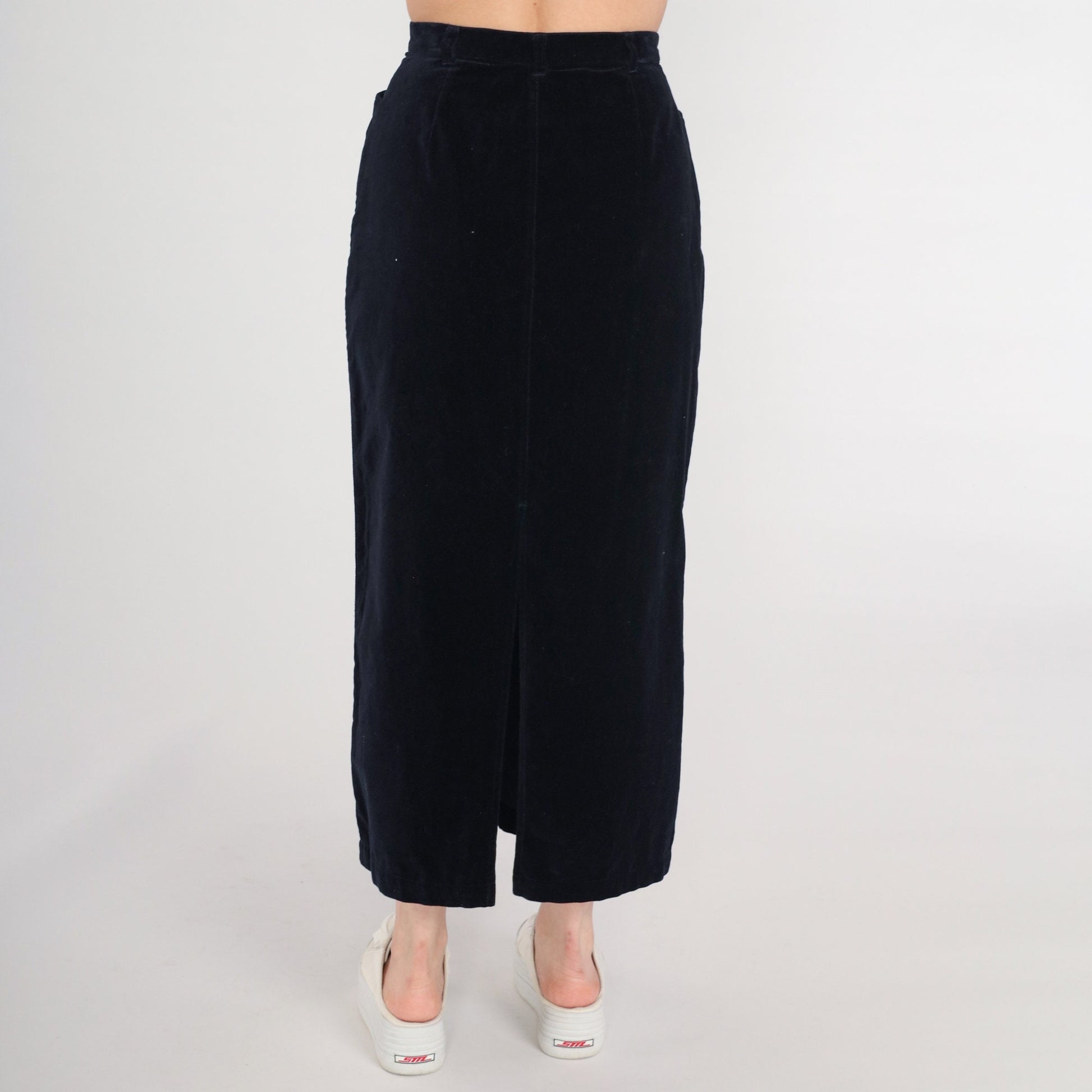 90s Black Velvet Maxi Pencil Skirt High Waist Rear Slit Small 4