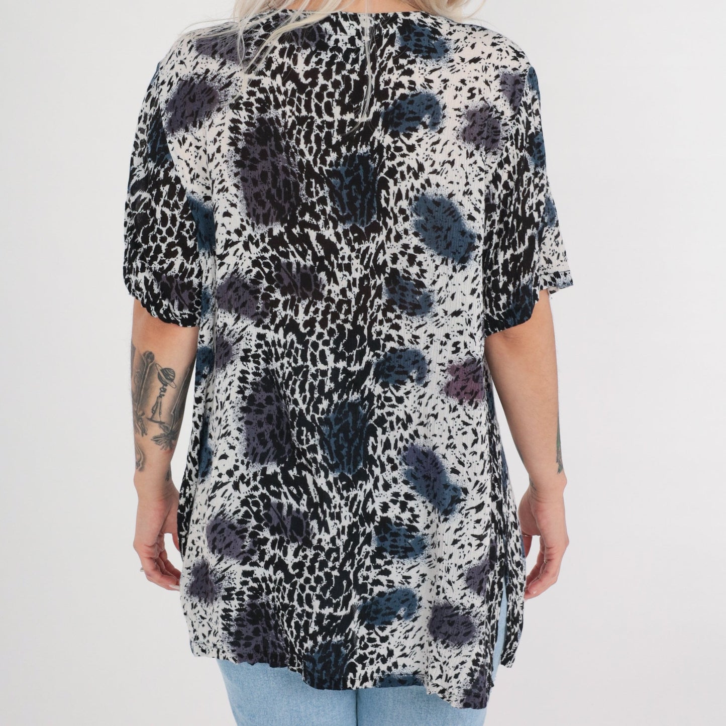 90s Leopard Animal Print Button Up Blouse V Neck Short Sleeve Plus Size XXL