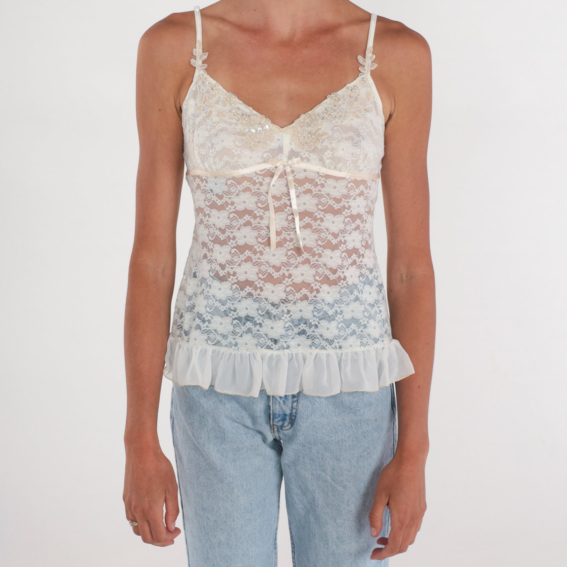 Y2K White Lace Camisole Sheer Floral Beaded Empire Waist Ruffled Small
