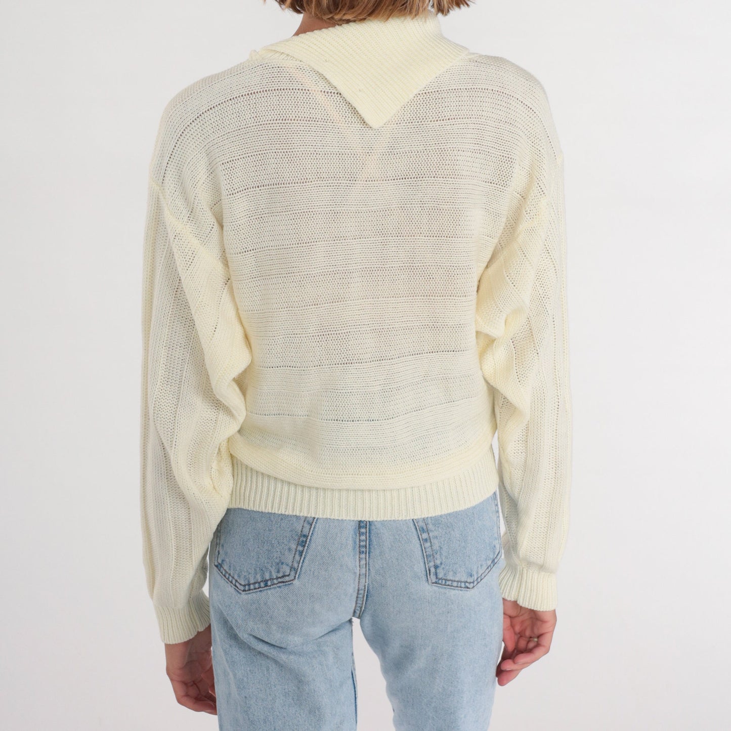 80s Cream Cable Knit Sweater Convertible Collar Pullover Medium M