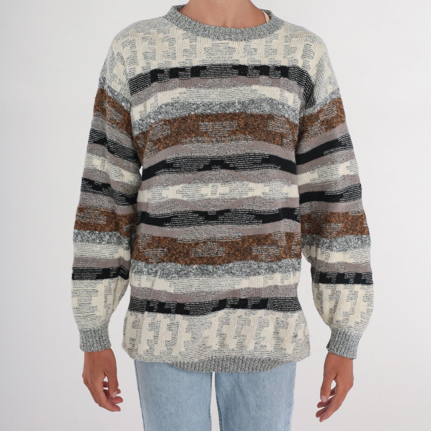 80s Geometric Striped Knit Sweater Grey Brown Cream Black Crewneck Large