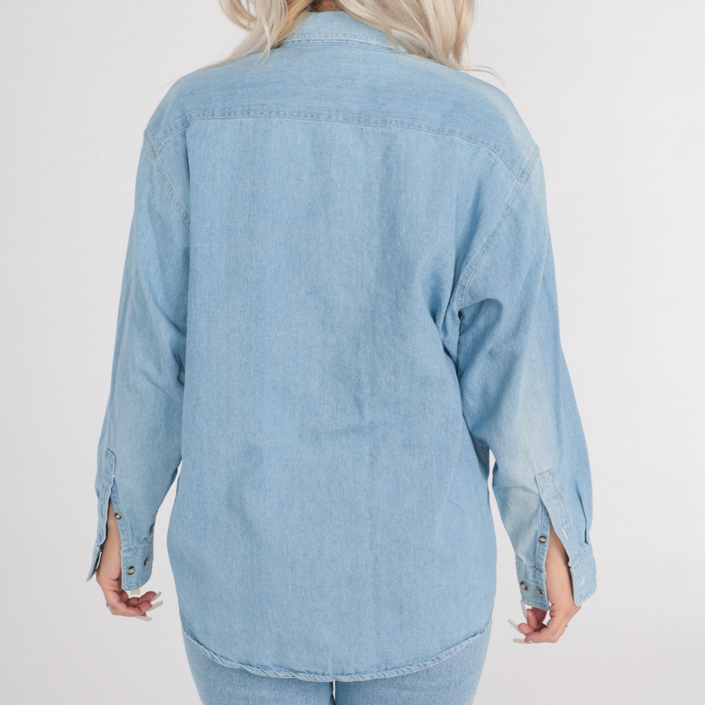 90s Blue Denim Shirt Floral Farm Patches Button-Up Long Sleeve Medium