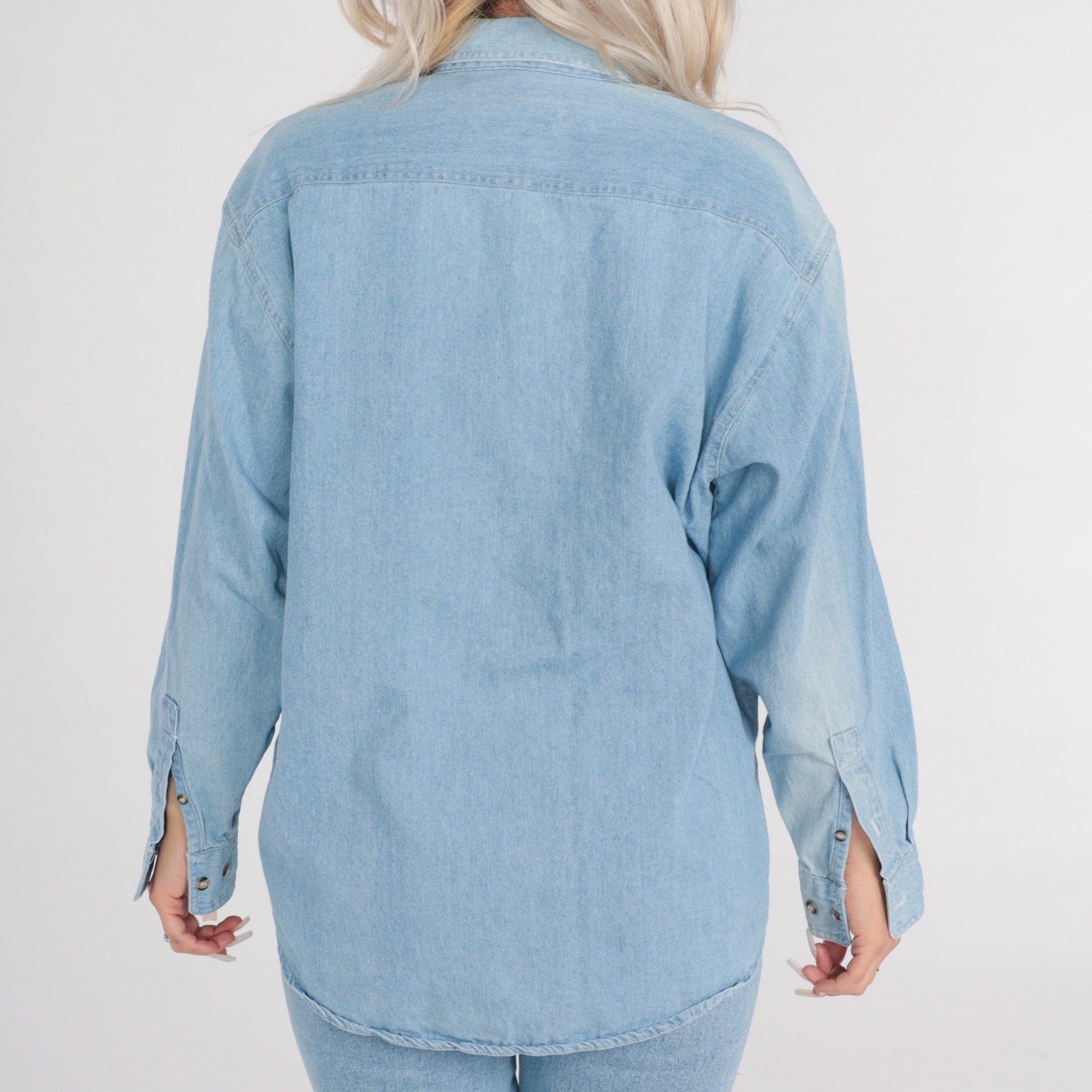 90s Blue Denim Shirt Floral Farm Patches Button-Up Long Sleeve Medium