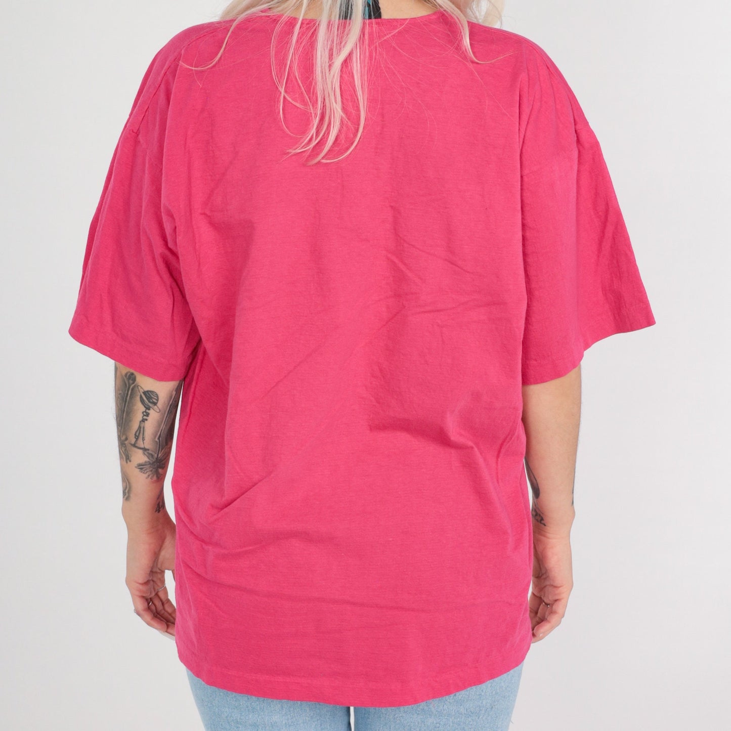 90s Hot Pink Plain Cotton T-Shirt Short Sleeve Solid Tee Extra Large
