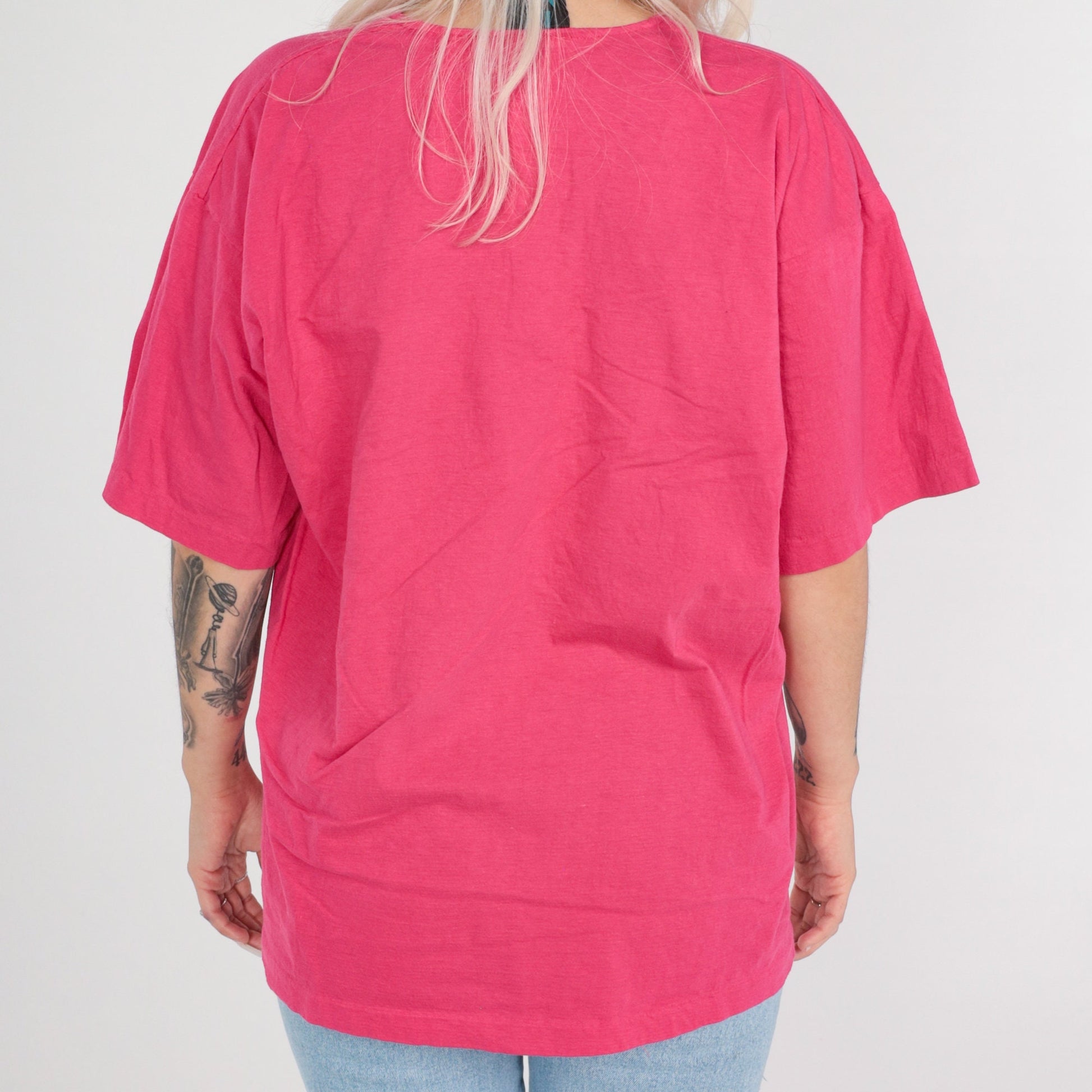 90s Hot Pink Plain Cotton T-Shirt Short Sleeve Solid Tee Extra Large