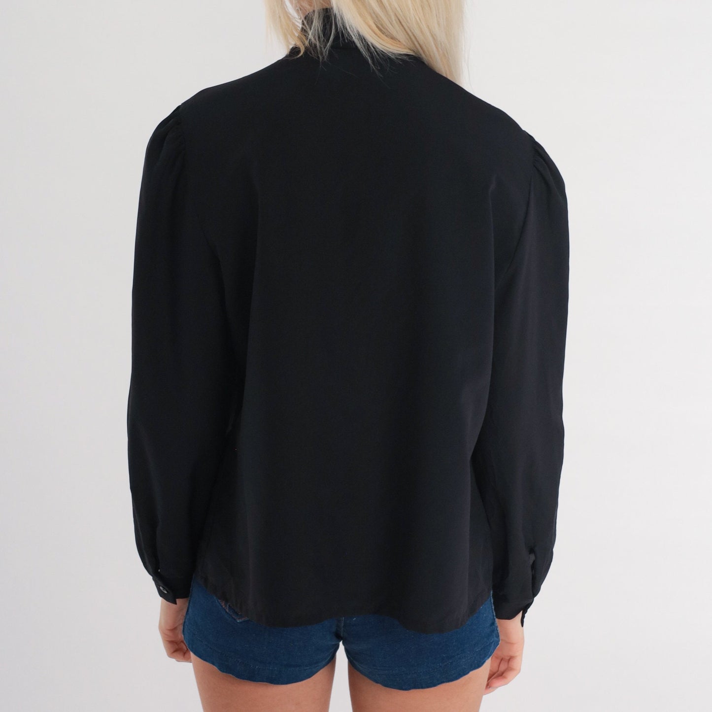70s Black Ascot Blouse Button Up Necktie Puff Sleeve Shirt Medium M