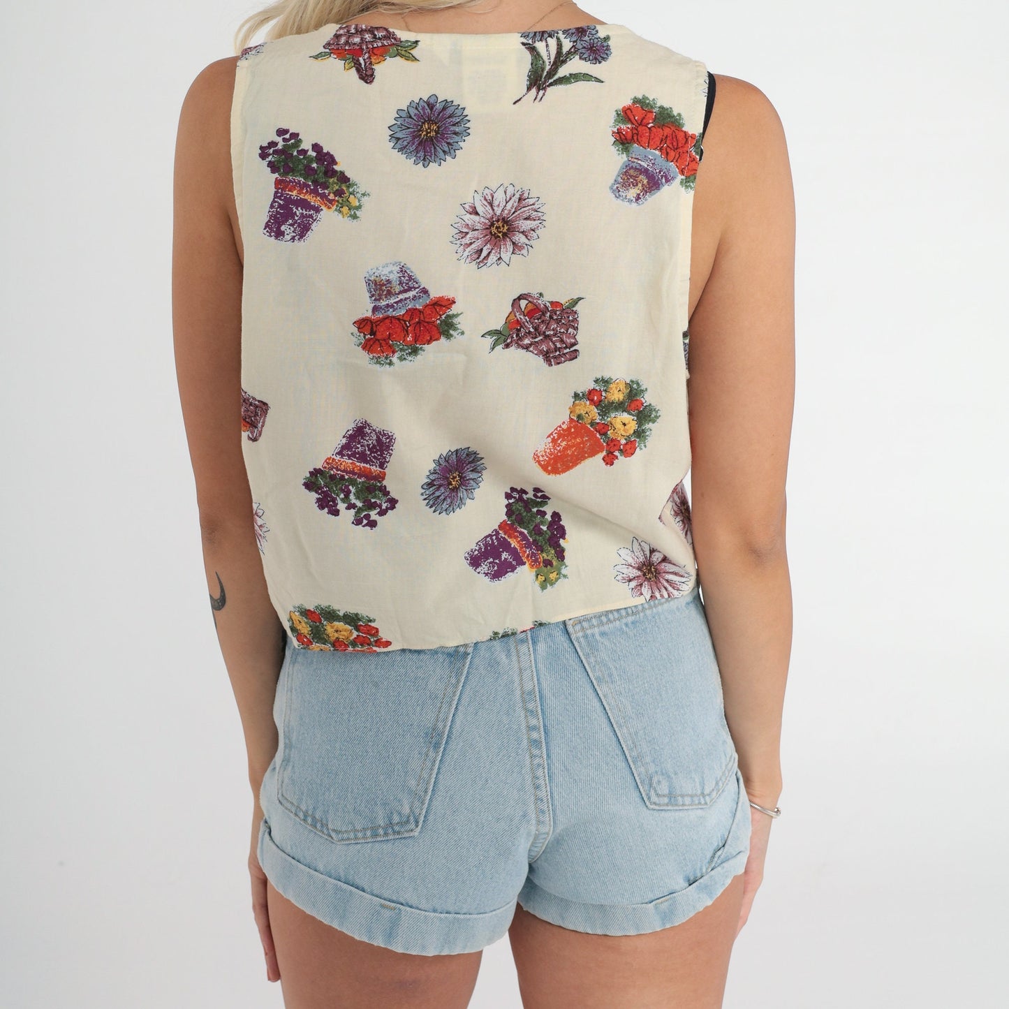 90s Floral Gardening Crop Top Cream Button-Up Tank Tie Waist Large