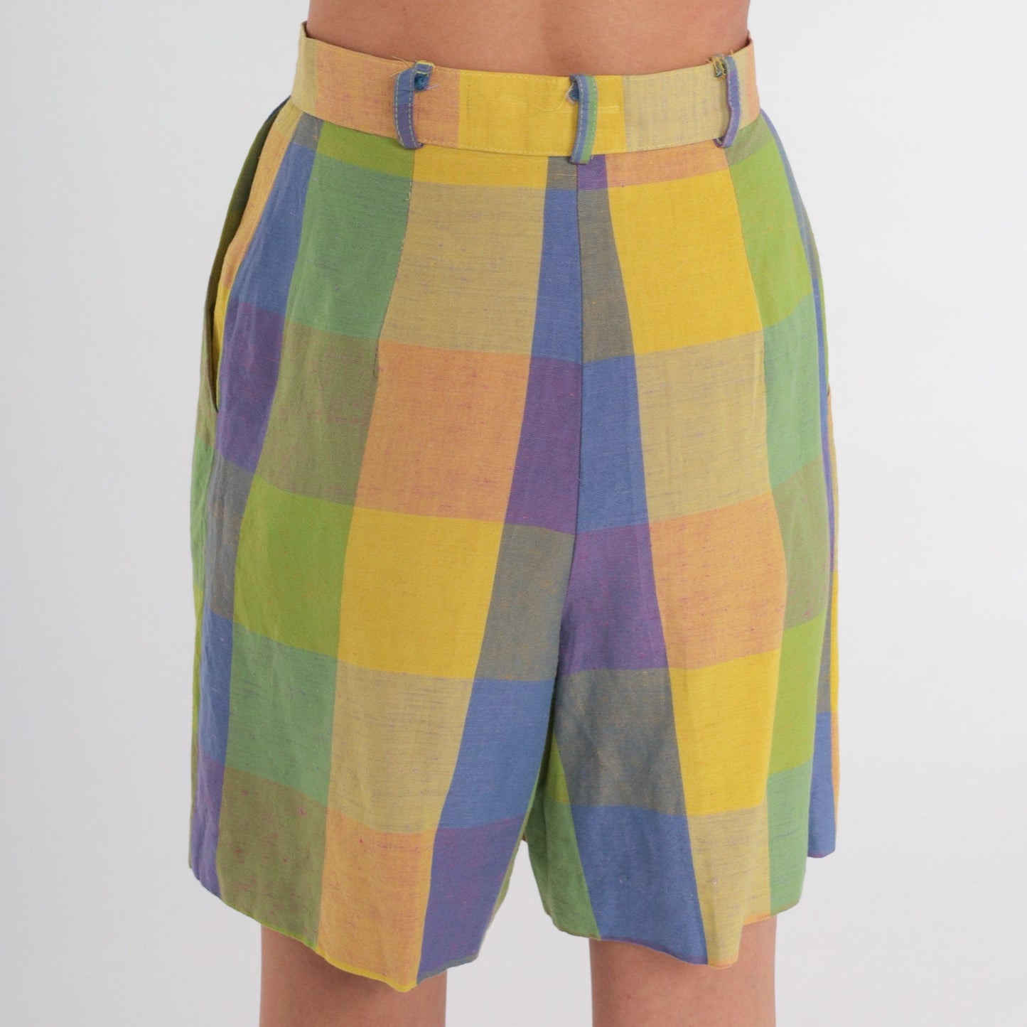 90s Plaid High-Waisted Shorts Yellow Purple Pleated Trouser Extra Small